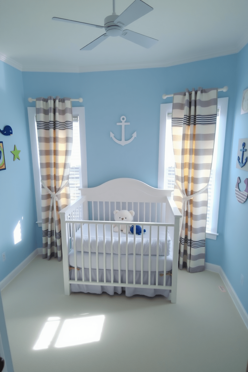 A serene baby bedroom designed with a nautical theme. The walls are painted in soft blue, adorned with ocean-inspired decor including whale and anchor motifs. A cozy crib with white linens sits in the center, surrounded by plush toys shaped like sea creatures. Nautical-themed curtains with stripes frame the windows, allowing soft light to filter in.