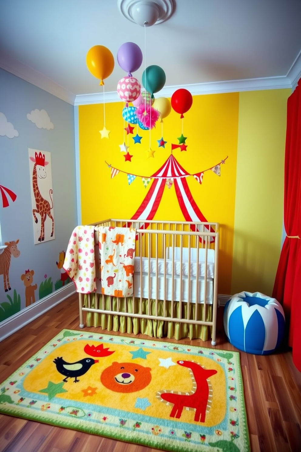 A whimsical circus theme fills the baby bedroom with vibrant colors and playful patterns. The walls are adorned with cheerful circus animal murals, while a cozy crib draped in soft fabrics sits in the center of the room. A colorful area rug featuring circus motifs adds warmth to the space. Hanging above the crib are whimsical mobile decorations of balloons and stars, creating a magical atmosphere for the little one.