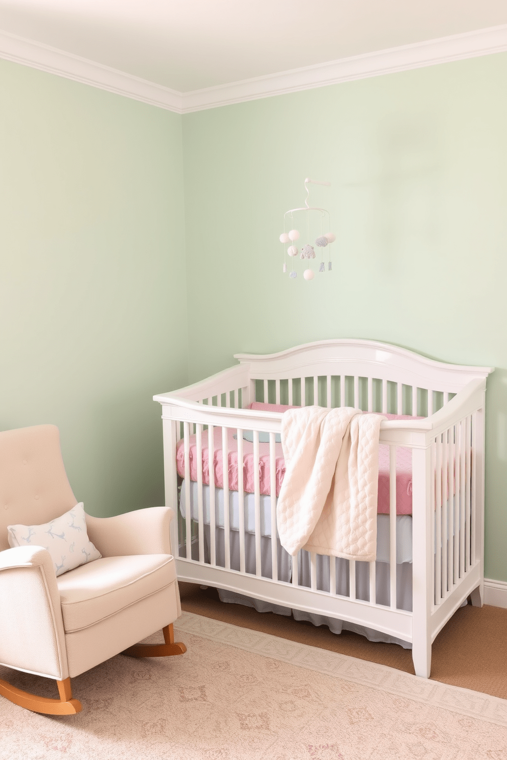 A serene baby bedroom featuring soft pastel colors that create a calming atmosphere. The walls are painted in a gentle mint green, complemented by a white crib adorned with plush bedding in shades of pink and blue. A cozy rocking chair sits in one corner, upholstered in a light beige fabric. A whimsical mobile hangs above the crib, adding a touch of charm and playfulness to the space.