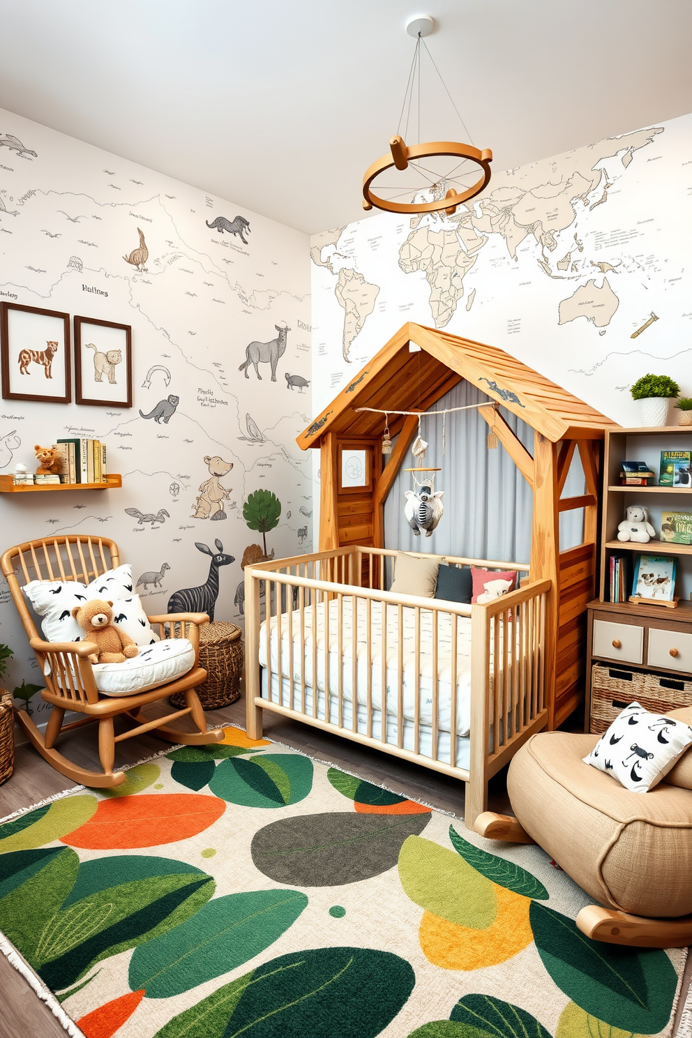 Adventure themed room with maps and animals. The walls are adorned with a large world map mural and framed animal illustrations. The furniture includes a sturdy wooden bed shaped like a treehouse and a cozy reading nook with animal print cushions. A colorful rug resembling a jungle floor lies in the center, and shelves are filled with adventure books and stuffed animals. Baby bedroom design ideas that evoke a sense of calm and comfort. Soft pastel colors create a serene atmosphere, with a crib dressed in plush bedding and a rocking chair nearby for soothing moments. Gentle animal motifs are featured on the walls and bedding, while a whimsical mobile hangs above the crib. A soft area rug provides a warm space for playtime and exploration.