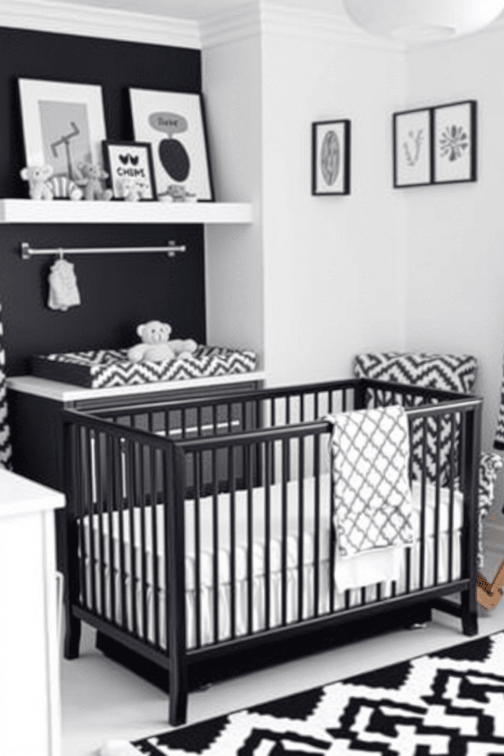 A classic black and white monochrome baby bedroom features a sleek crib with a black frame and white bedding. The walls are painted in a soft white with black accents, including a stylish black and white rug on the floor. A cozy rocking chair in the corner is upholstered in a black and white geometric pattern. Shelves above the changing table display black and white framed artwork and cute stuffed animals.