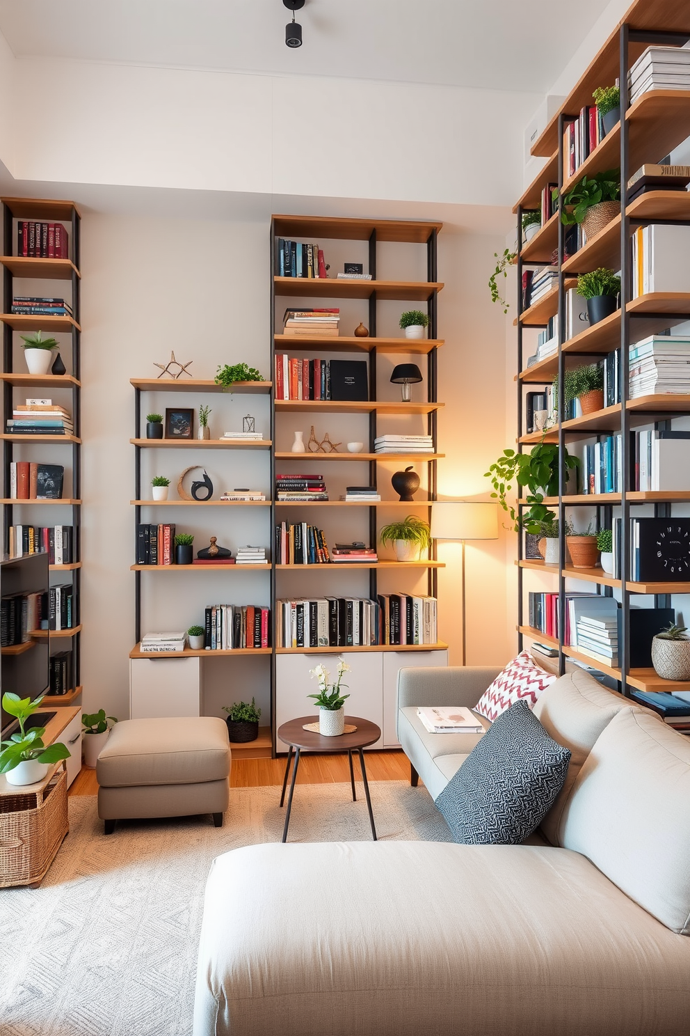 A stylish bachelor apartment featuring a compact living area with vertical shelving units that maximize storage. The shelves are filled with books, decorative items, and plants, creating a vibrant and personalized atmosphere. The furniture is minimalist, including a sleek sofa and a small coffee table that complements the overall design. A well-placed floor lamp adds warmth and enhances the cozy ambiance of the space.