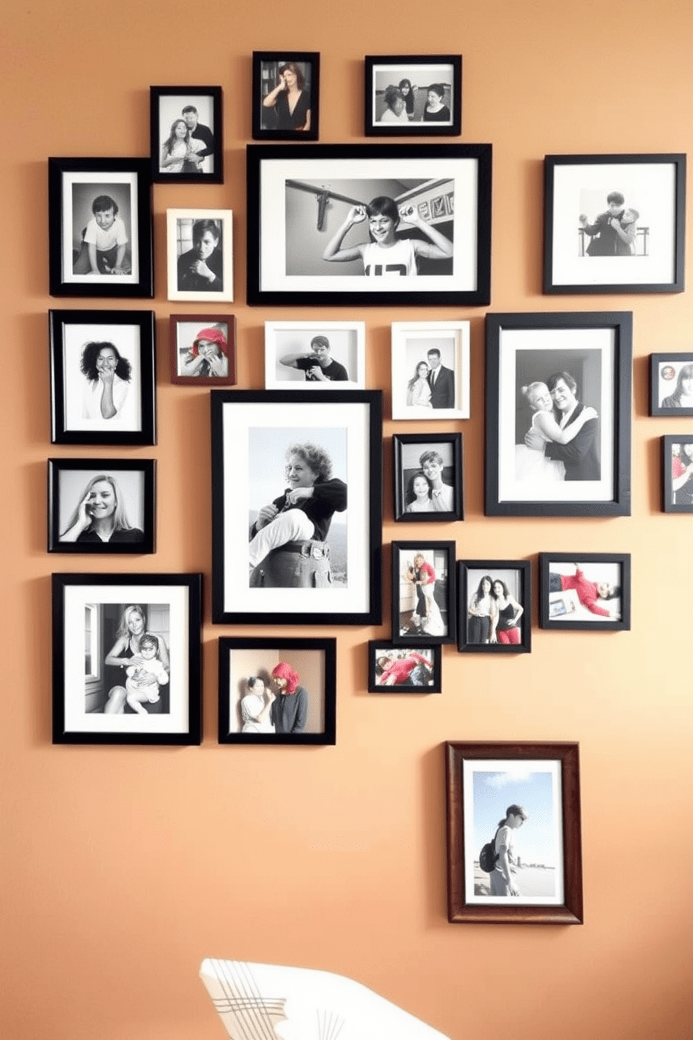 Create a gallery wall featuring a curated collection of personal photos in various sizes and frames. The arrangement should be asymmetrical, with some frames overlapping to create a dynamic visual effect. Incorporate a mix of black and white images along with colorful snapshots to add depth and interest. The wall should be painted in a warm neutral tone to enhance the vibrancy of the photos and create a cozy atmosphere.