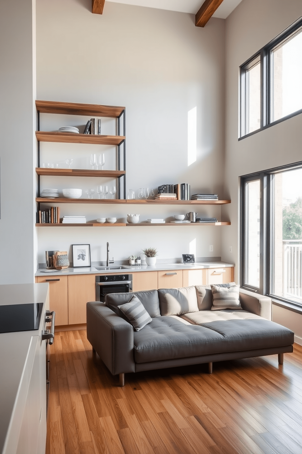 A modern bachelor apartment featuring open shelving for kitchen essentials. The shelves are crafted from reclaimed wood and display neatly arranged dishes, glassware, and cookbooks. The living area incorporates a sleek sofa paired with a minimalist coffee table. Large windows allow natural light to flood the space, highlighting the warm tones of the wooden flooring.