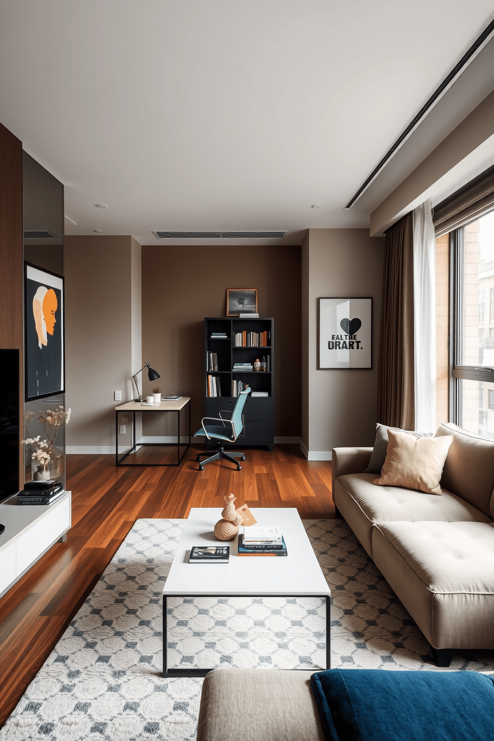 A stylish bachelor apartment featuring a cozy living area with a plush sofa and a sleek coffee table. The walls are adorned with modern art, and a large window allows natural light to fill the space. In one corner, a dedicated workspace is created with a minimalist desk and an ergonomic chair, complemented by a small bookshelf filled with books. The color palette includes warm neutrals and deep blues, enhancing the sophisticated yet inviting atmosphere.