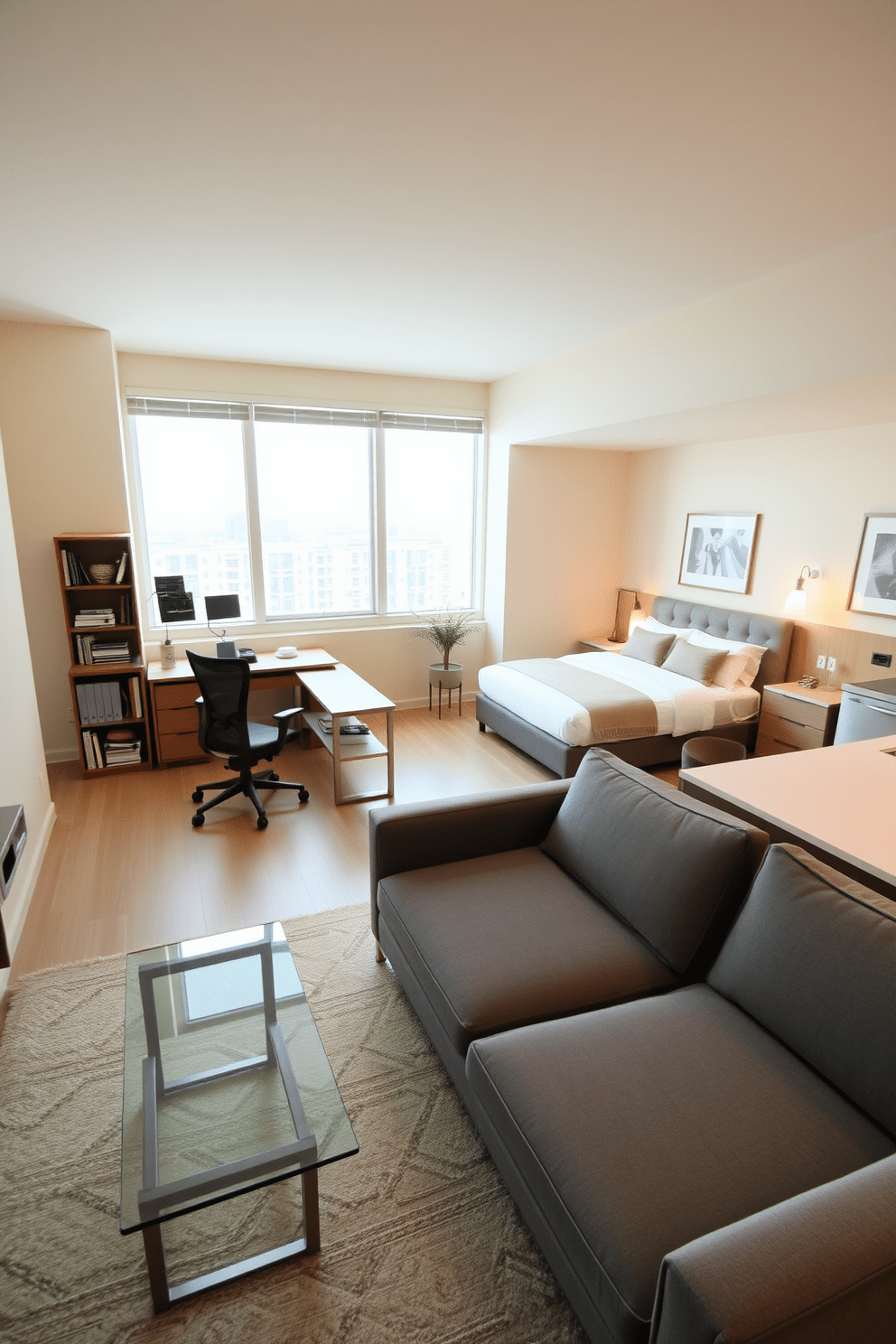 A modern bachelor apartment featuring an open-concept living area with a plush gray sofa and a sleek glass coffee table. The walls are painted in a warm beige tone, and large windows let in natural light, enhancing the cozy atmosphere. In the corner, a stylish wooden desk with a minimalist design is paired with a comfortable ergonomic chair. A contemporary bookshelf filled with books and decorative items adds personality to the space. The bedroom showcases a king-sized bed with soft, neutral bedding and a tufted headboard. A bedside table with a warm lamp and a framed piece of art create an inviting ambiance. The kitchen features stainless steel appliances and a spacious island with bar stools for casual dining. Warm pendant lights hang above the island, providing a welcoming glow for entertaining guests.