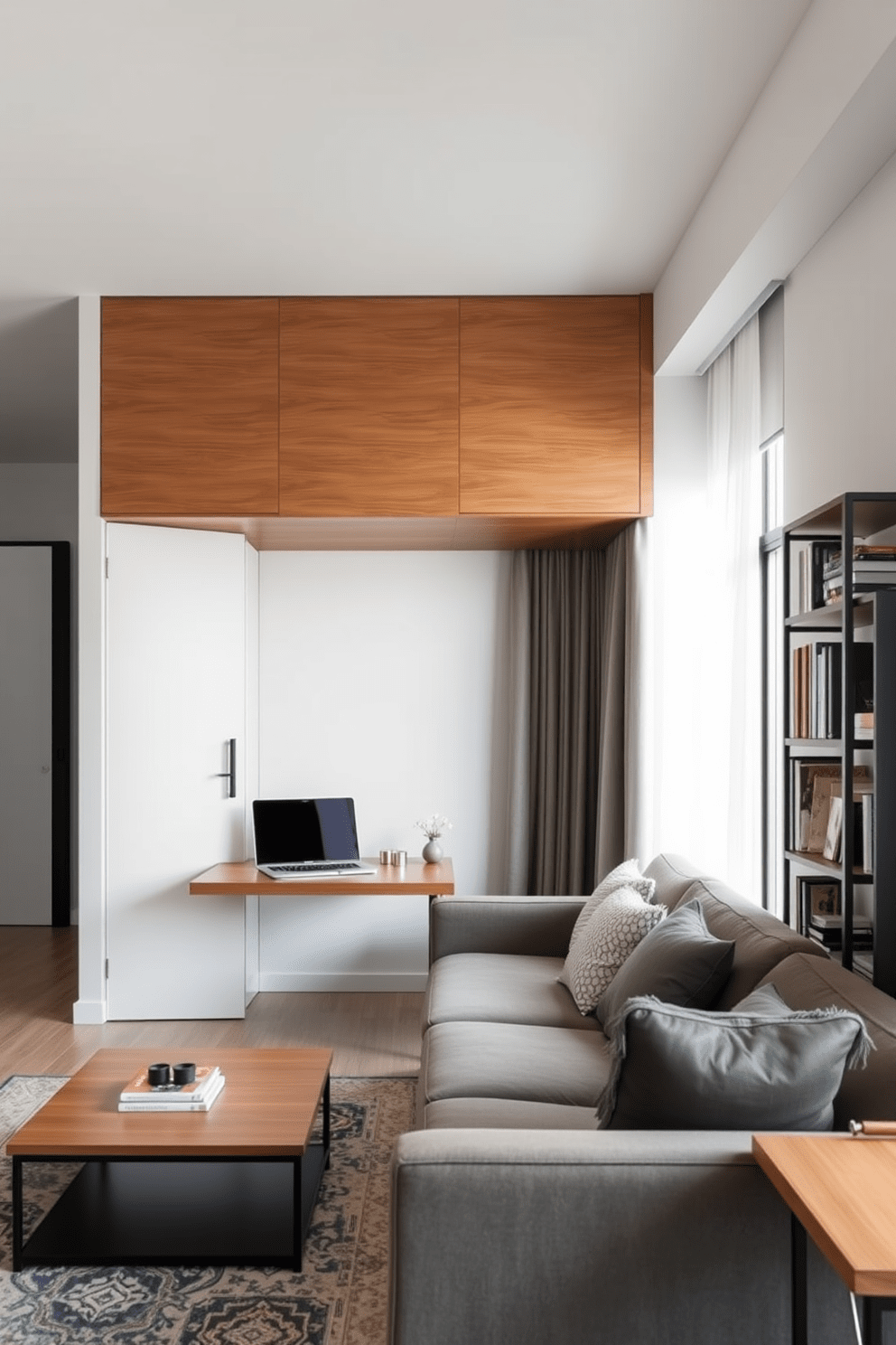 A stylish bachelor apartment featuring a foldable desk that seamlessly integrates into the living space. The desk is crafted from sleek wood and can be easily tucked away when not in use, maximizing floor space. The living area includes a cozy sofa with a modern design and a coffee table that complements the overall aesthetic. A minimalist shelving unit displays books and personal items, enhancing the apartment's character while maintaining a clean look.