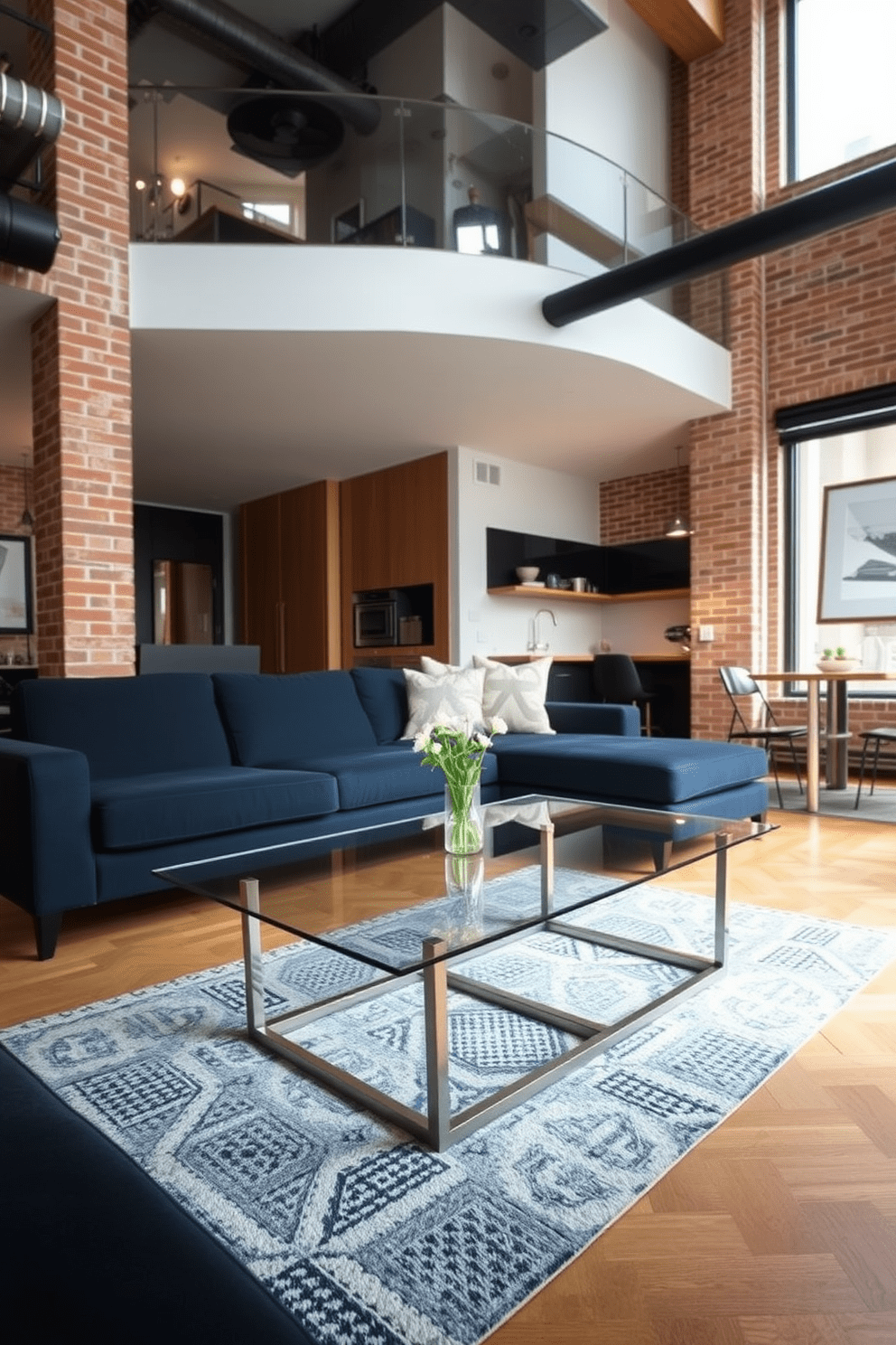 A stylish coffee table serves as the centerpiece in a modern bachelor apartment. The table features a sleek glass top with a minimalist metal base, surrounded by a cozy sectional sofa in a deep navy blue fabric. The apartment is designed with an open floor plan, showcasing a blend of industrial and contemporary styles. Exposed brick walls contrast with warm wood accents, creating a welcoming atmosphere.