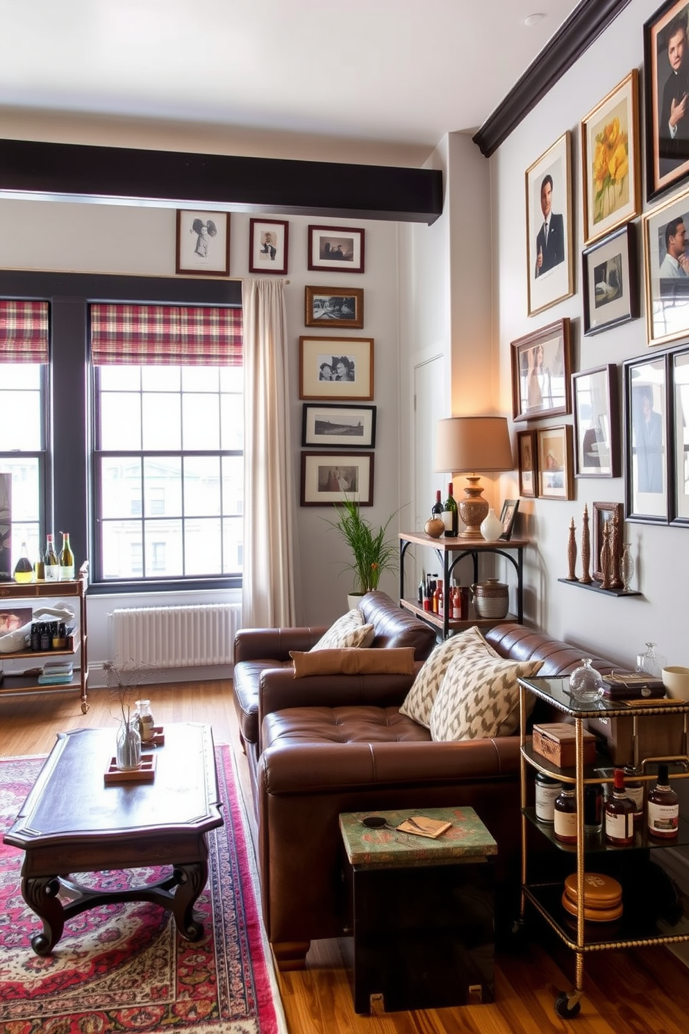 A stylish bachelor apartment featuring a blend of modern and vintage elements. The living area includes a plush leather sofa paired with an antique coffee table and a vintage rug that adds warmth to the space. In one corner, a retro bar cart showcases an array of spirits and glassware, enhancing the apartment's character. The walls are adorned with framed art pieces from various eras, creating a gallery-like feel throughout the room.