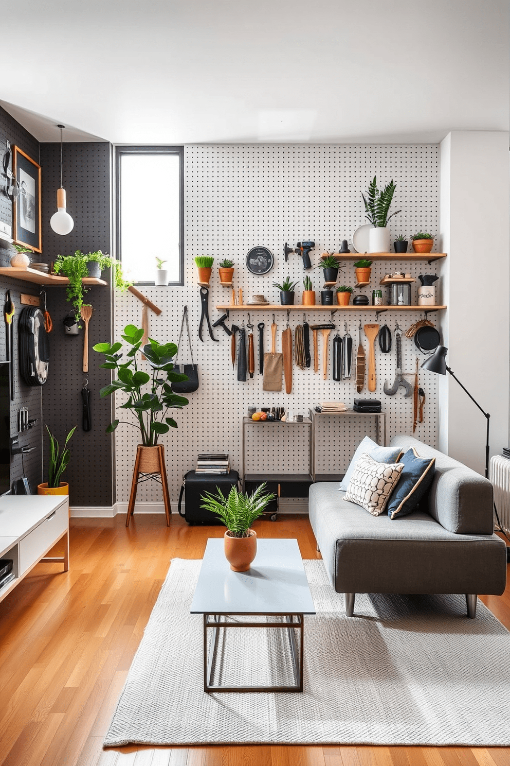 A stylish bachelor apartment featuring a pegboard wall for organized storage. The pegboard is adorned with various hooks and shelves, displaying tools, plants, and decorative items for a personalized touch. The living area is open and airy, with a comfortable sofa and a sleek coffee table. Natural light floods the space through large windows, highlighting the modern decor and minimalist furniture arrangement.