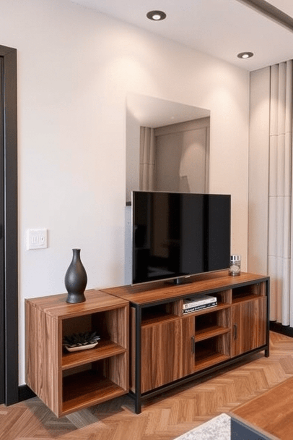 A compact entertainment center design for a bachelor apartment. The unit features a sleek, low-profile design with a combination of open shelves and closed cabinets for storage. The entertainment center is finished in a rich walnut wood, complemented by a matte black metal frame. A large flat-screen TV is mounted above the unit, flanked by stylish decorative items and books on the shelves.