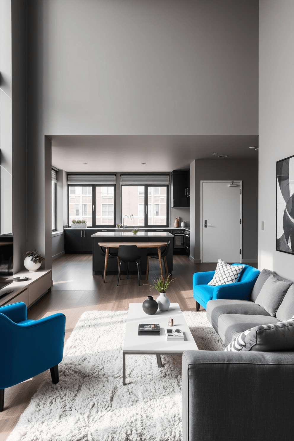 A bachelor apartment featuring a sleek modern design. The living area includes a bold accent chair in a vibrant blue, paired with a minimalist coffee table and a plush area rug. The walls are painted in a soft gray to create a balanced backdrop. Large windows allow natural light to flood the space, enhancing the contemporary feel of the apartment.