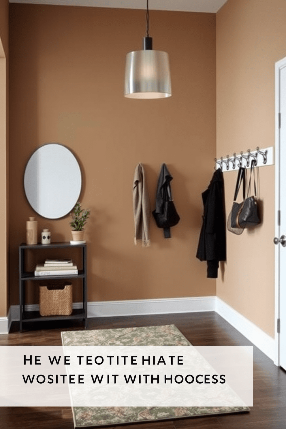 Create a functional entryway with hooks that maximizes space and offers a welcoming atmosphere. The walls are painted in a warm neutral tone, and a sleek console table sits against one side, adorned with decorative items and a small potted plant. On the opposite wall, a series of stylish hooks is mounted for easy access to coats and bags. The floor features a durable yet stylish runner rug that adds a pop of color, while soft lighting from a pendant fixture illuminates the space.