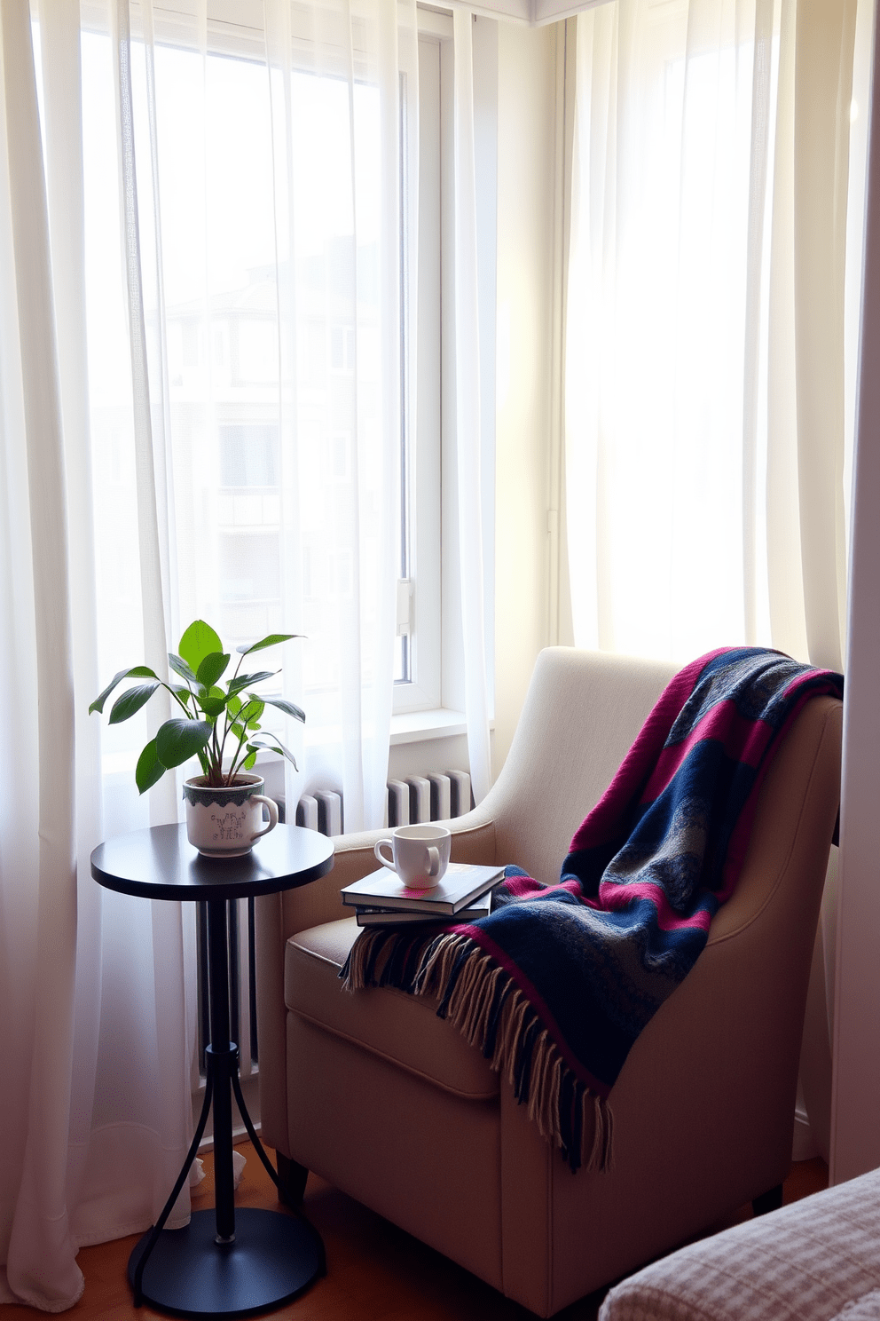 Create a cozy reading nook by the window in a bachelor apartment. The space features a plush armchair in a soft fabric, complemented by a small side table holding a stack of books and a warm cup of tea. Natural light floods the area through sheer curtains, creating an inviting atmosphere. A colorful throw blanket drapes over the armchair, while a potted plant adds a touch of greenery to the corner.