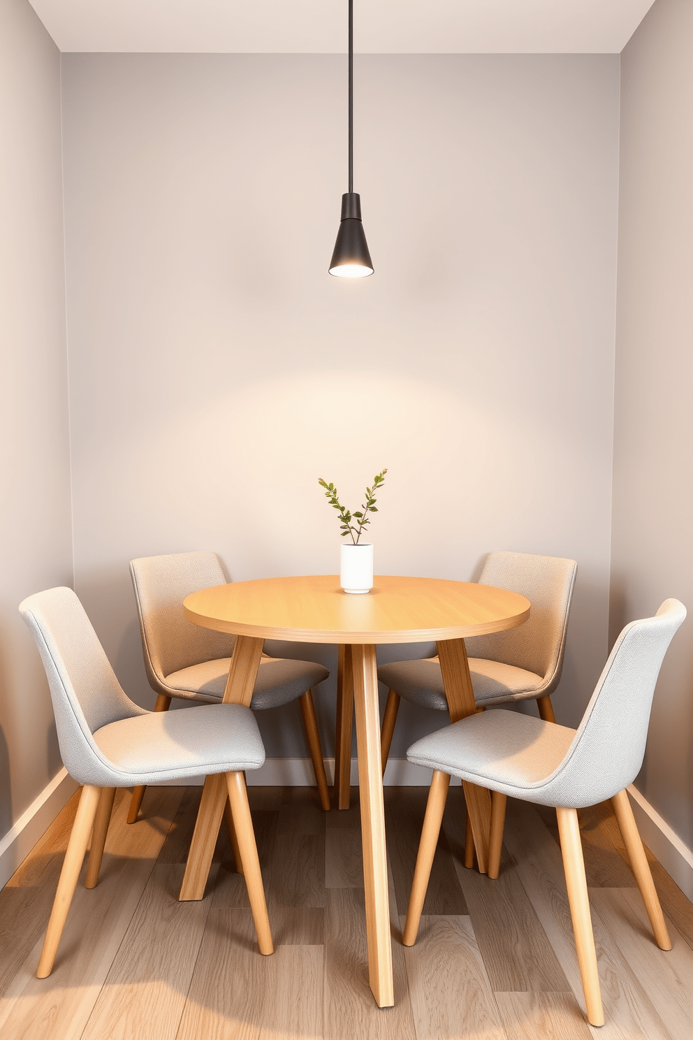 A compact dining table setup in a bachelor apartment features a sleek round table made of light wood. Surrounding the table are four modern chairs with minimalist design, upholstered in a neutral fabric. The walls are painted in a soft gray, enhancing the spacious feel of the room. A small pendant light hangs above the table, providing warm illumination for intimate dining experiences.