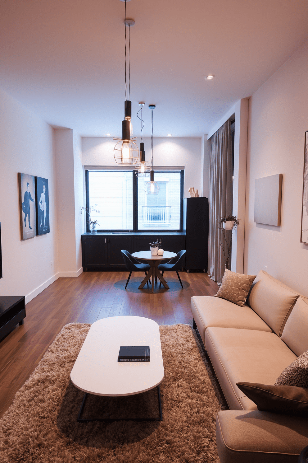 A stylish bachelor apartment featuring an open-concept living area with a sleek sofa and a minimalist coffee table. The space is illuminated by modern pendant lights hanging above, creating an inviting atmosphere. In the corner, a compact dining table with stylish chairs complements the contemporary decor. The walls are adorned with abstract art, and a plush area rug anchors the seating area.