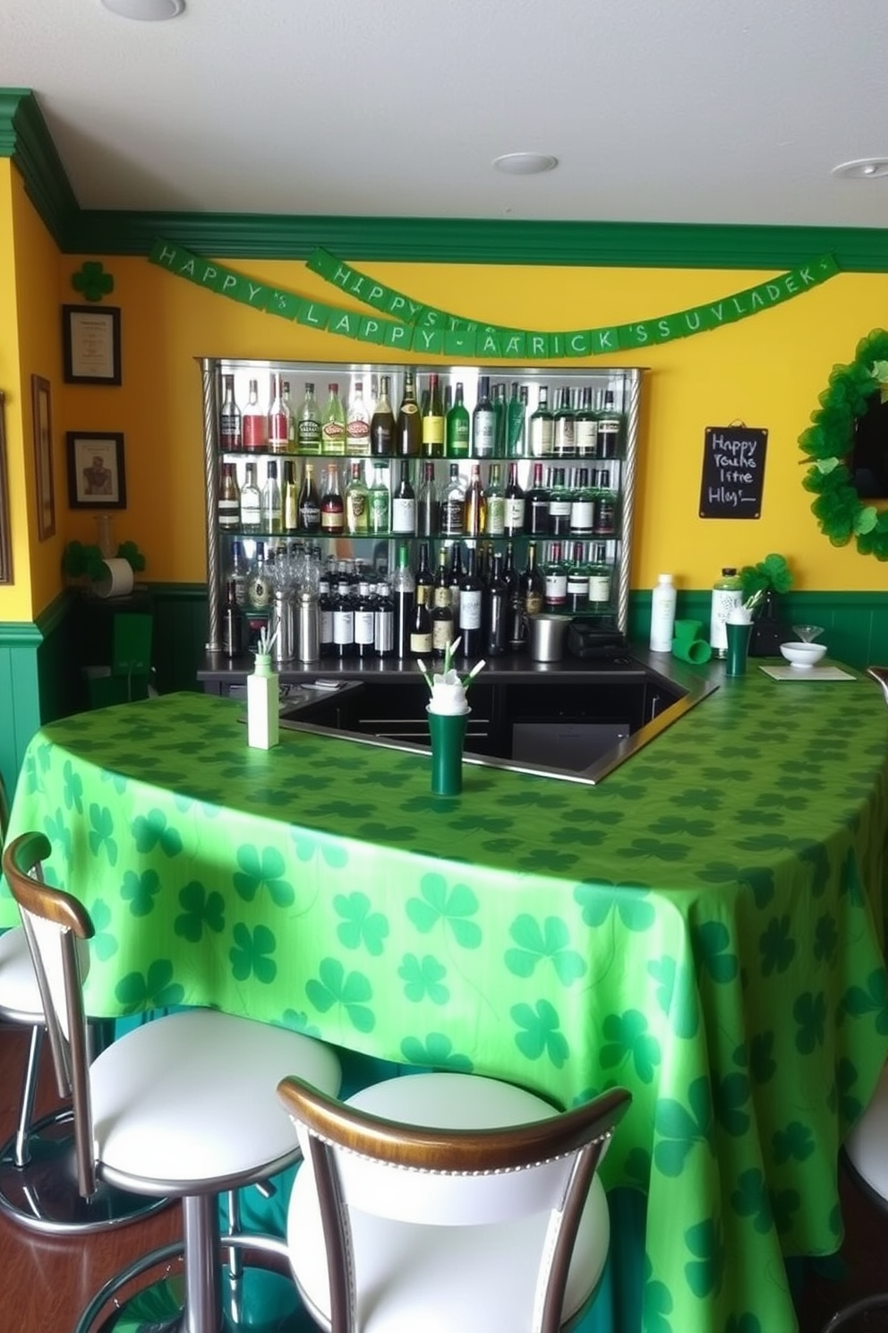 A vibrant bar area adorned with a green shamrock tablecloth that adds a festive flair. The space features stylish bar stools, a well-stocked shelf of drinks, and decorative accents celebrating St. Patrick's Day.