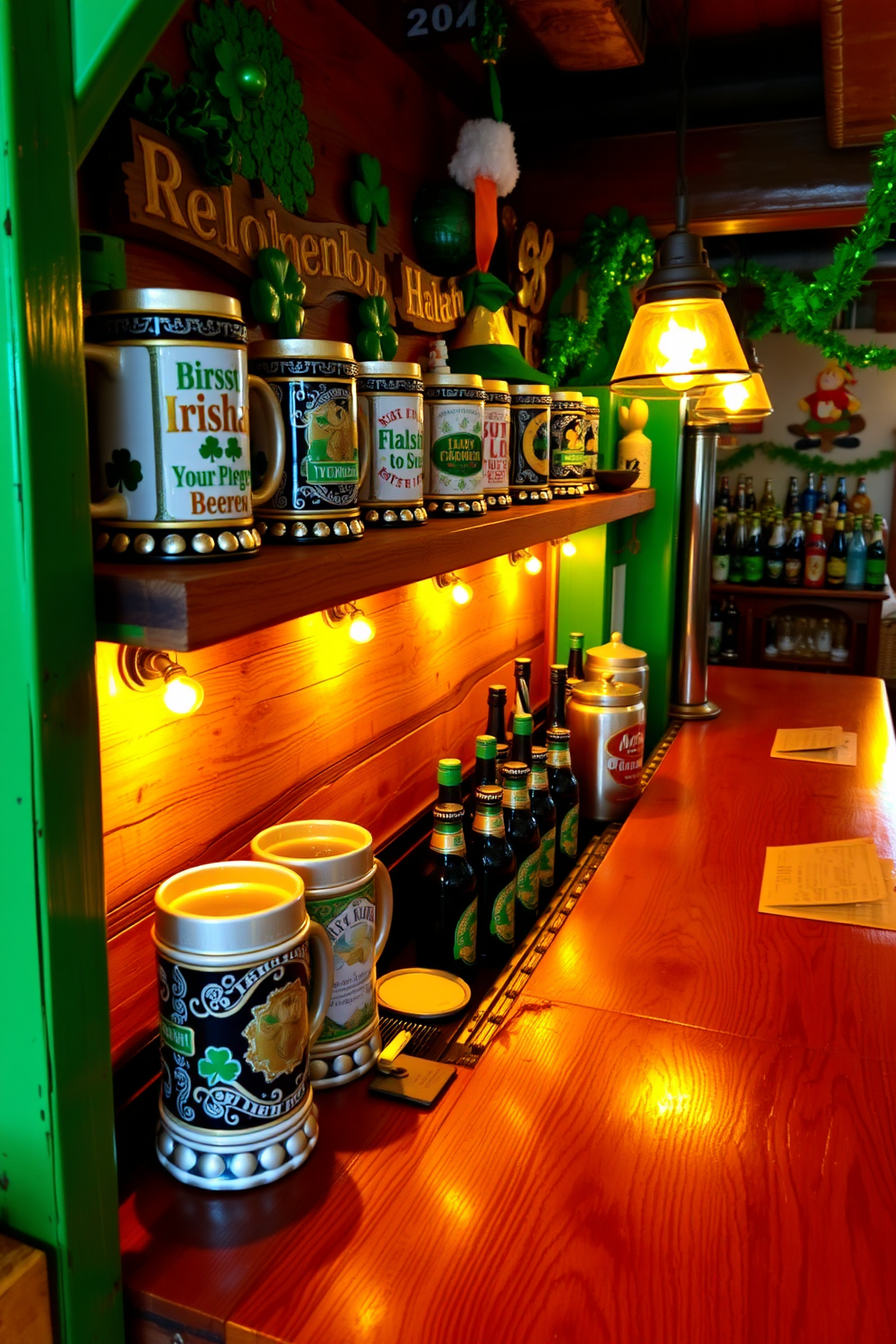 Decorative beer mugs with Irish sayings are arranged on a rustic wooden shelf in a cozy bar area. The warm lighting highlights the intricate designs and vibrant colors of the mugs, creating an inviting atmosphere for St. Patrick's Day celebrations. A green and gold color scheme is used throughout the space, with festive decorations such as shamrocks and leprechauns adorning the walls. A large wooden bar counter is topped with a selection of Irish beers, complemented by traditional Irish music playing softly in the background.