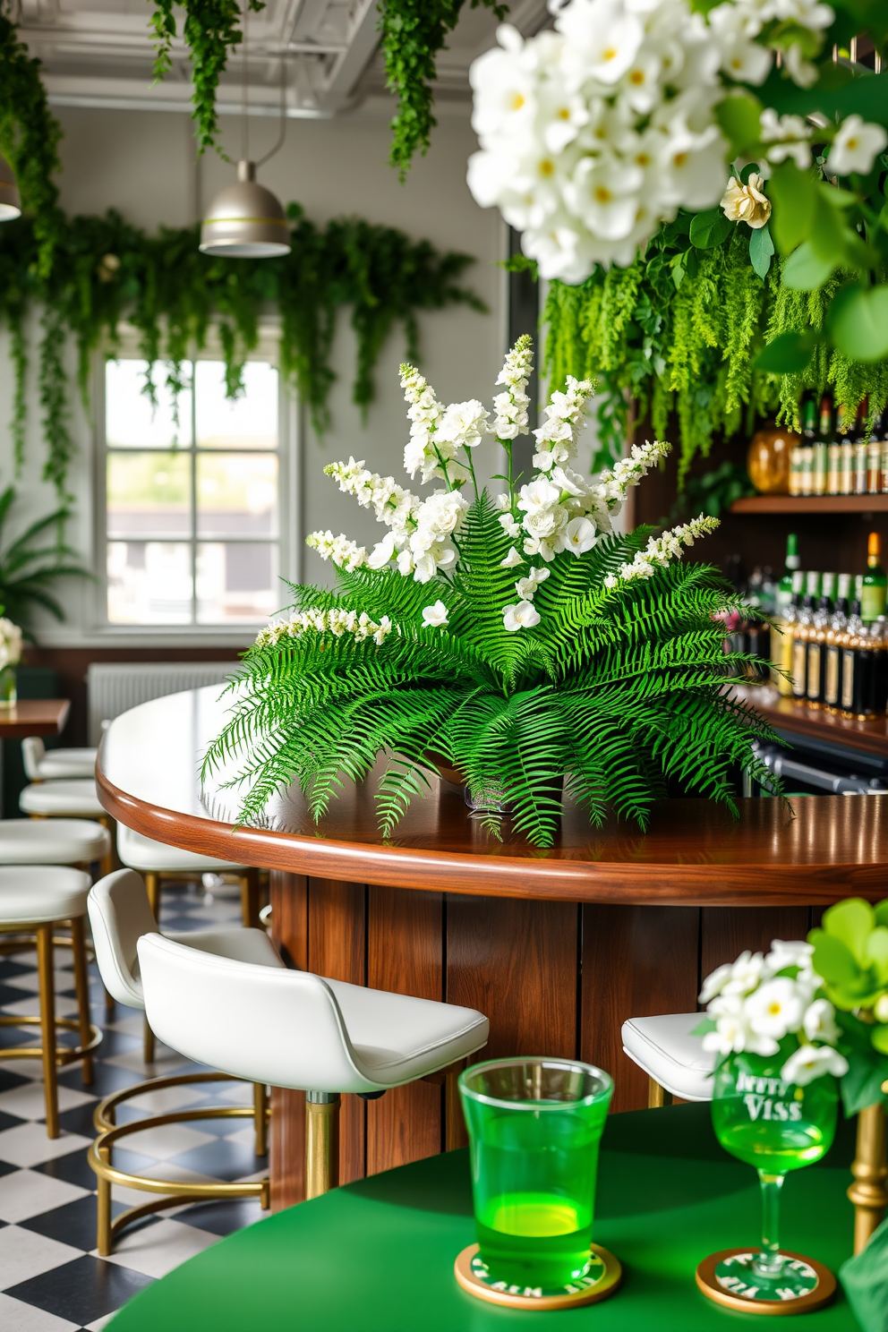 A vibrant bar area adorned with fresh greenery and white flower arrangements. The space features a sleek wooden bar with elegant bar stools, surrounded by decorative elements that evoke the spirit of St. Patrick's Day. On the bar, a stunning centerpiece showcases a mix of lush ferns and delicate white blooms. Accents of gold and green decor, such as shamrock-themed coasters and festive glassware, enhance the celebratory atmosphere.