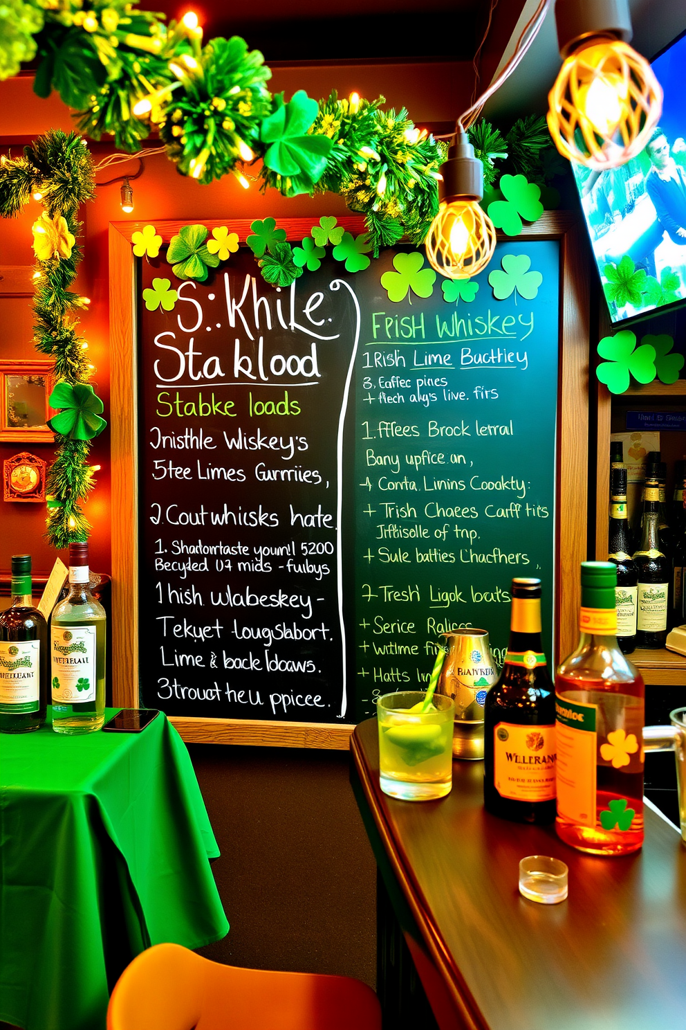 A vibrant bar area designed for St. Patrick's Day featuring a large chalkboard displaying various cocktail recipes. The board is adorned with green and gold decorations, and the bar is stocked with Irish whiskey, mint leaves, and fresh limes. St. Patrick's Day decorating ideas include hanging shamrock garlands and using green tablecloths to create a festive atmosphere. The lighting is warm and inviting, with string lights adding a touch of whimsy to the space.