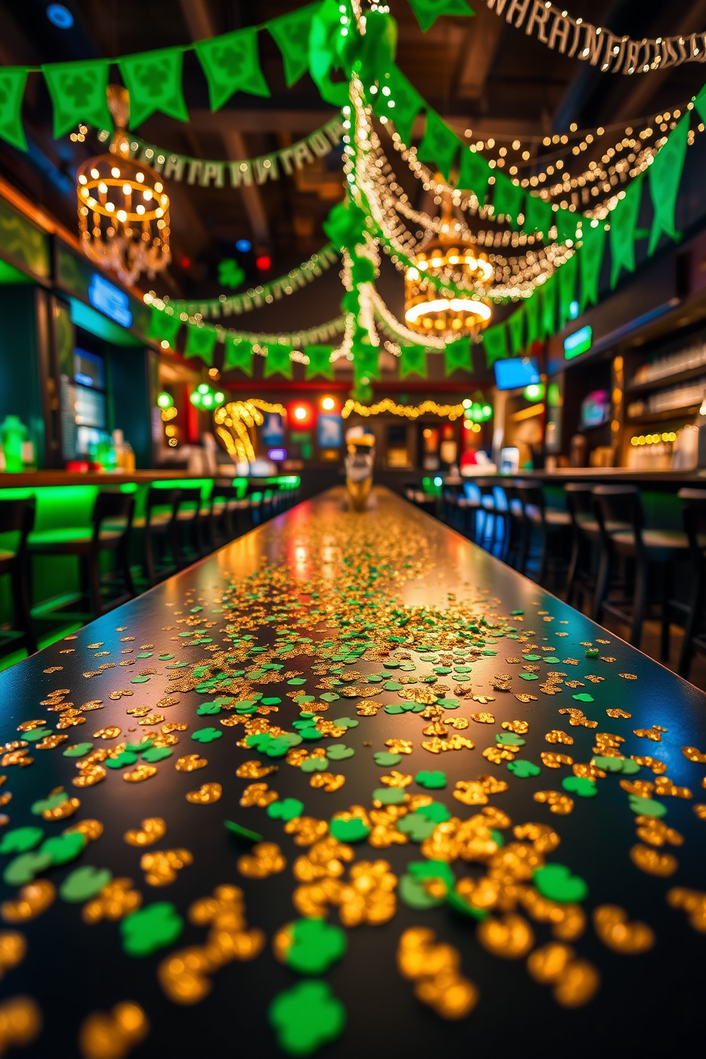 A festive bar area decorated for St. Patrick's Day features tables adorned with gold glittery shamrock confetti scattered across the surface. The backdrop showcases vibrant green banners and twinkling fairy lights, creating a lively and celebratory atmosphere.