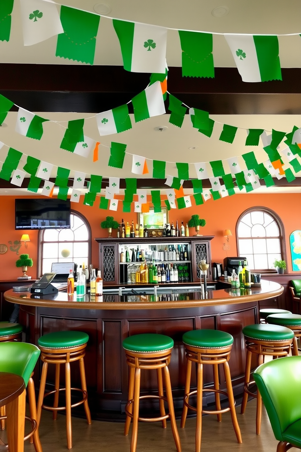 A festive bar area adorned with Irish flag bunting draped elegantly across the ceiling. The bar is stocked with an array of colorful beverages and surrounded by high stools with green cushions for a cheerful St. Patrick's Day celebration.