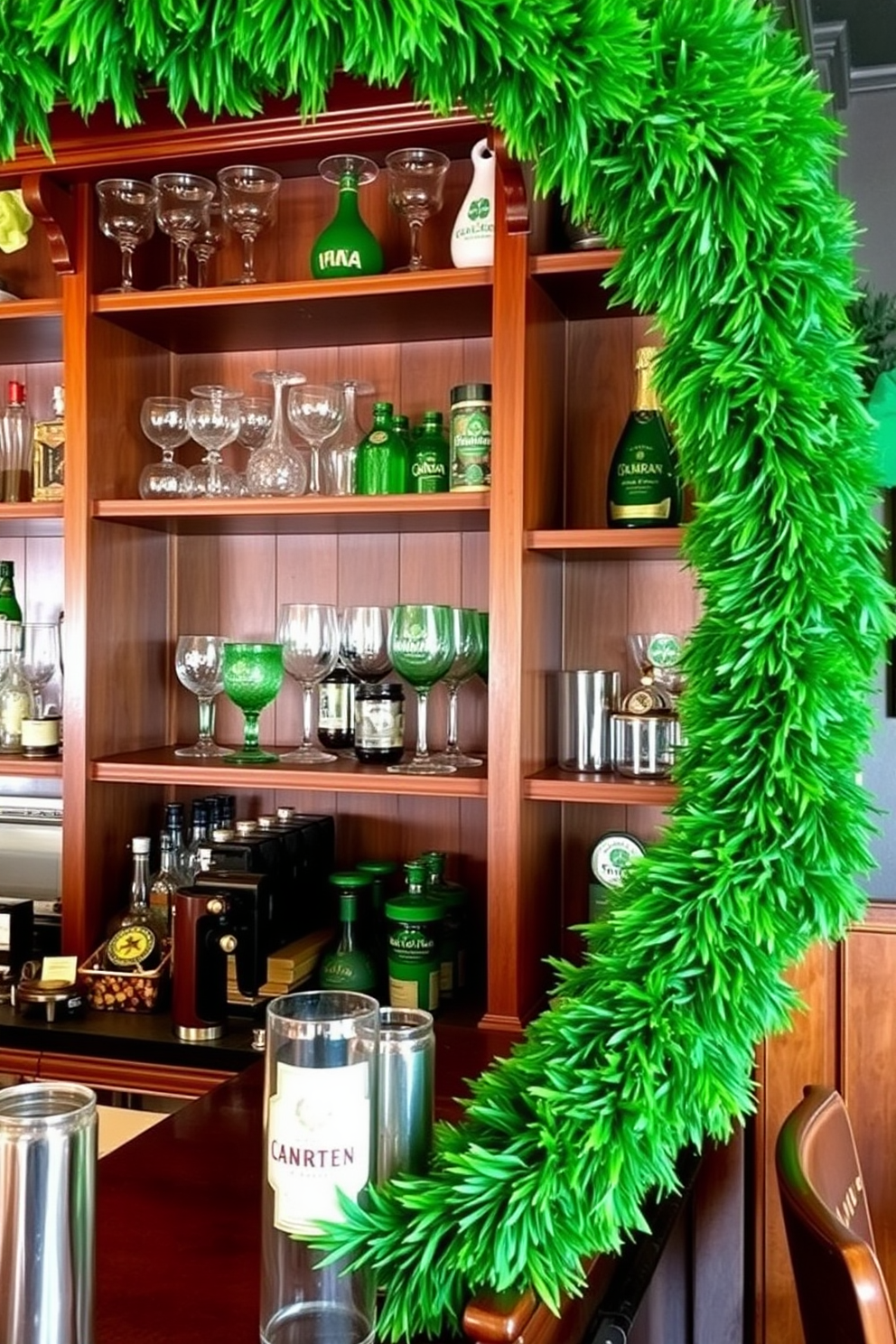 A cozy bar area adorned with lush green garland elegantly wrapped around wooden shelves. The shelves are filled with an array of colorful glassware and festive St. Patrick's Day decorations, creating a vibrant and inviting atmosphere.