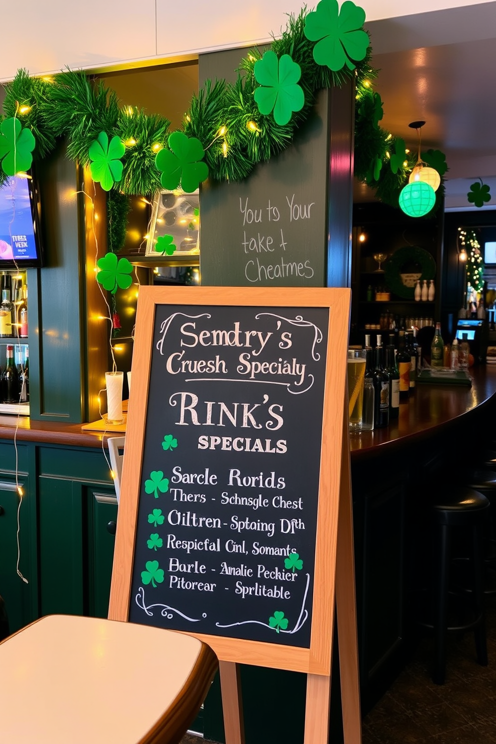 A chalkboard sign displays festive drink specials in an inviting bar area. The space is adorned with green and gold decorations, including shamrocks and twinkling fairy lights, creating a lively St. Patrick's Day atmosphere.