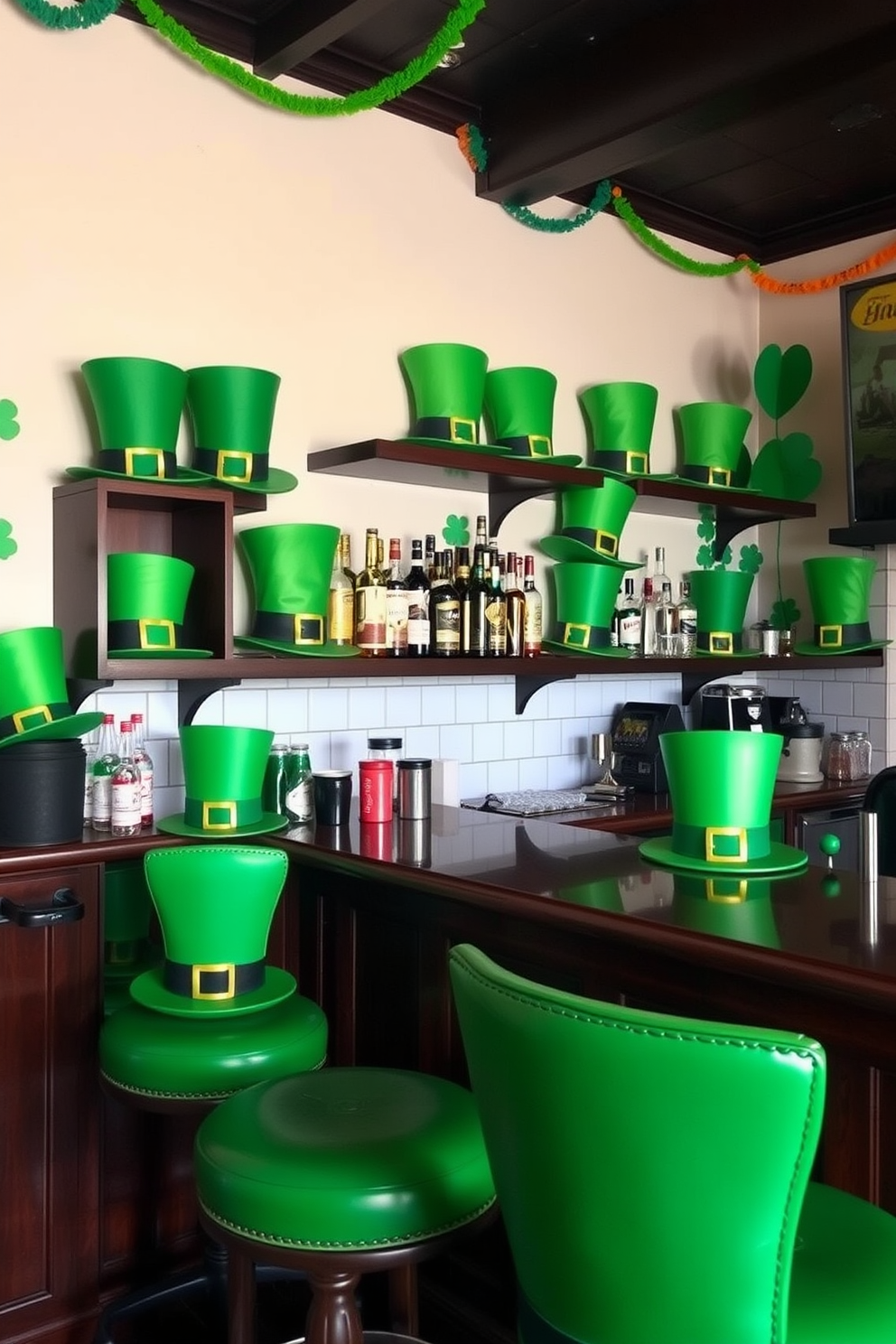 A whimsical bar area decorated for St. Patrick's Day features vibrant leprechaun hats as unique accents throughout the space. The hats are playfully arranged on shelves and bar stools, adding a festive touch to the overall design.