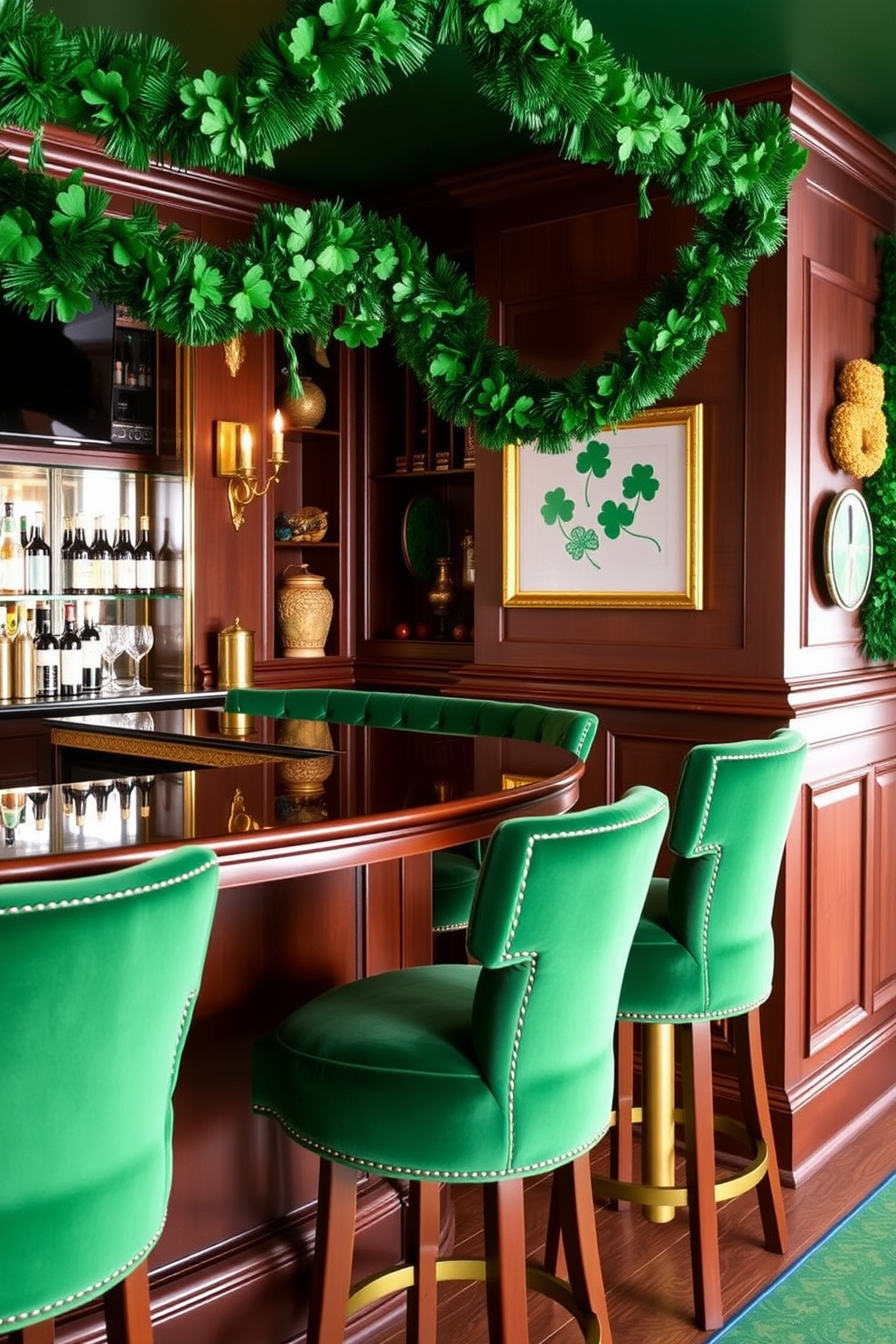 A cozy bar area featuring green velvet bar stools that provide comfort and elegance. The space is adorned with festive St. Patrick's Day decorations, including shamrock garlands and gold accents.