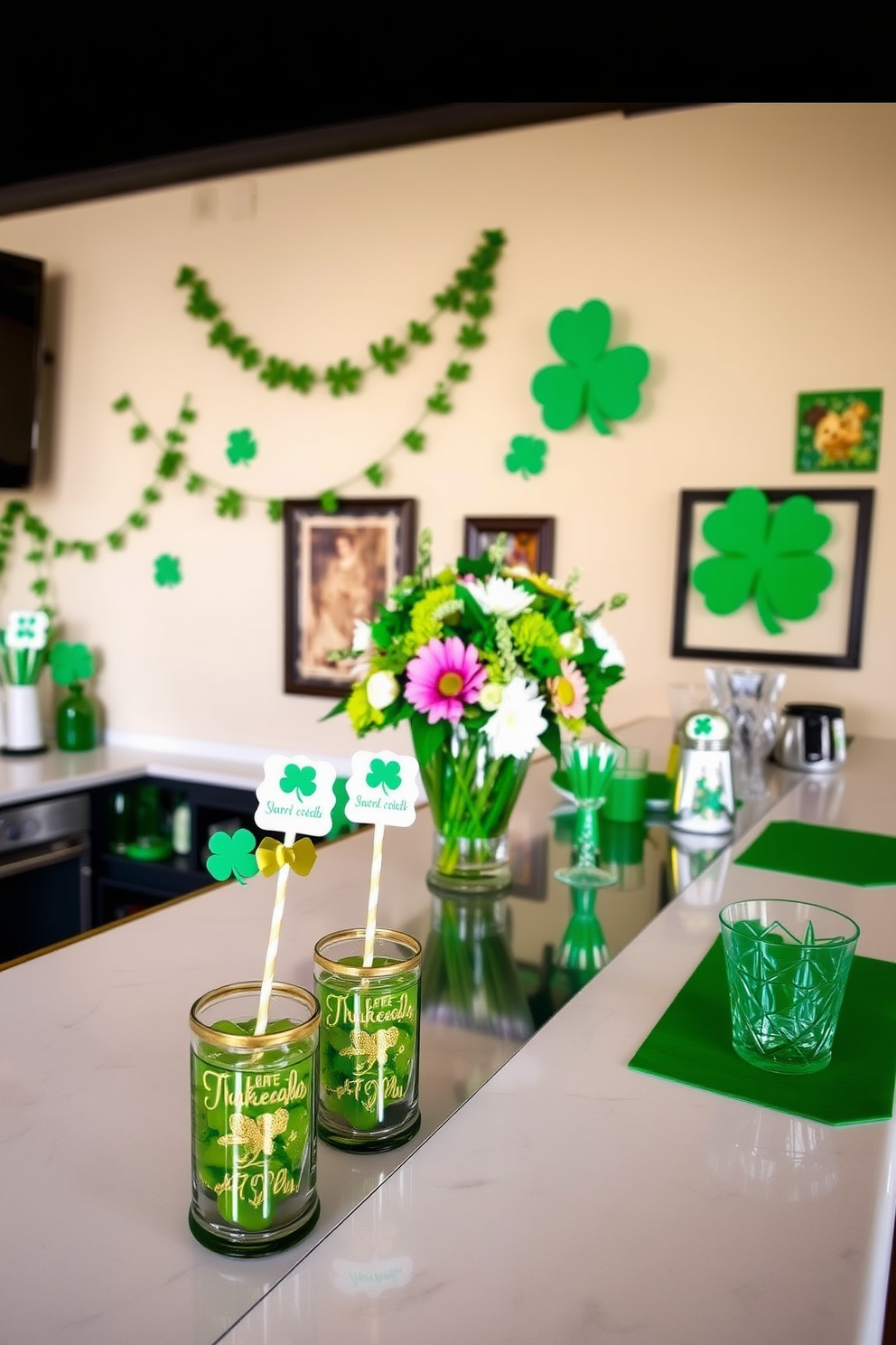 A festive bar area designed for St. Patrick's Day features customized drink stirrers adorned with shamrocks and gold accents. The countertop is decorated with green and white themed accessories, including a vibrant centerpiece of fresh flowers and themed glassware. The walls are adorned with playful St. Patrick's Day decorations such as garlands and wall art. Soft lighting creates a warm atmosphere, enhancing the celebratory spirit of the occasion.