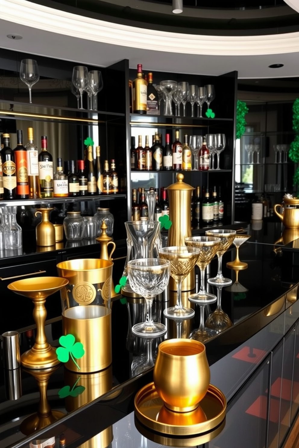 A luxurious bar area featuring elegant gold and black barware arranged on a sleek black countertop. The backdrop showcases a stylish shelf displaying various bottles and glassware, with festive St. Patrick's Day decorations subtly incorporated for a touch of celebration.