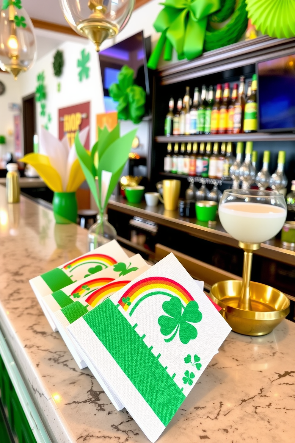 A vibrant bar area decorated for St. Patrick's Day. Festive napkins featuring shamrocks and rainbows are neatly arranged on the counter, surrounded by green and gold accents.