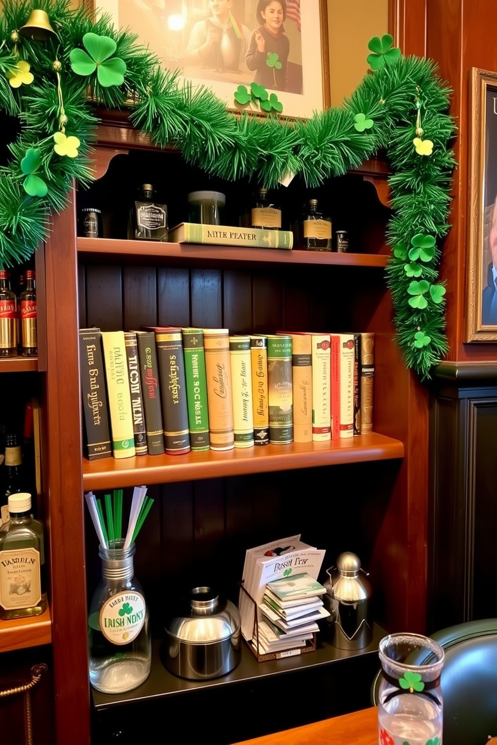 A cozy bar area featuring a collection of Irish-themed cocktail books displayed prominently on a wooden shelf. The space is adorned with festive St. Patrick's Day decorations, including green garlands and shamrock accents.