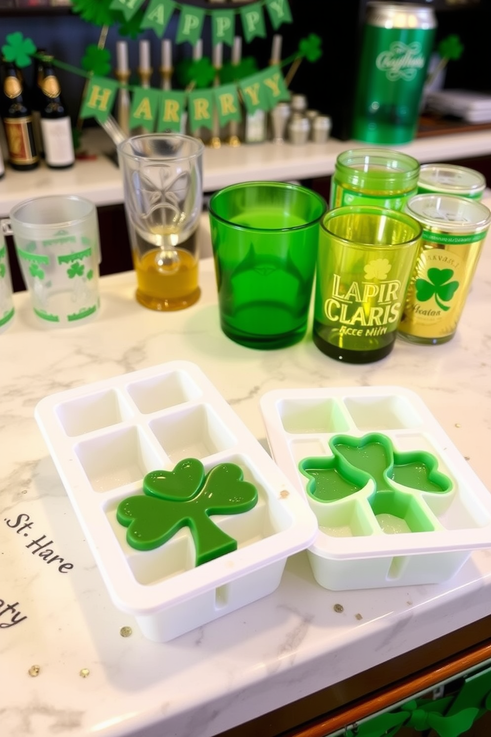 A festive bar area featuring St. Patrick's Day themed ice cube trays shaped like shamrocks and leprechauns. The countertop is adorned with green and gold decorations, including a cheerful banner and a collection of themed drinkware.