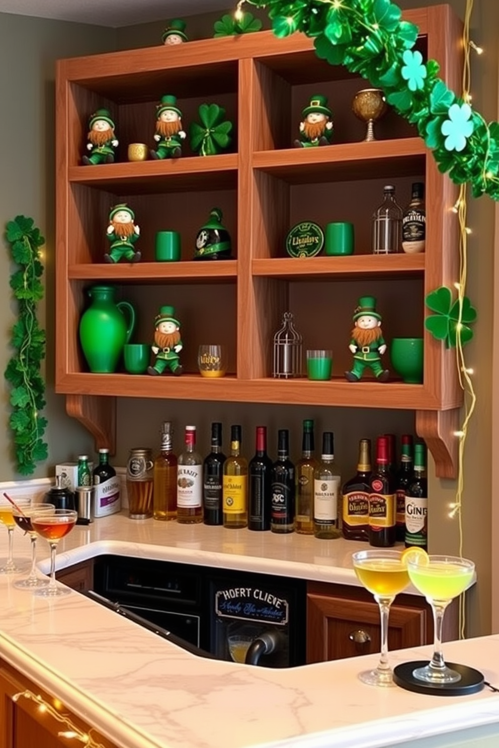 Mini leprechaun figurines are playfully arranged on wooden shelves, adding a whimsical touch to the decor. The shelves are adorned with green accents and festive decorations that celebrate the spirit of St. Patrick's Day. The bar area features an elegant countertop with a selection of Irish spirits and colorful cocktails. Green and gold decorations, including shamrocks and twinkling lights, create a festive atmosphere perfect for entertaining guests.