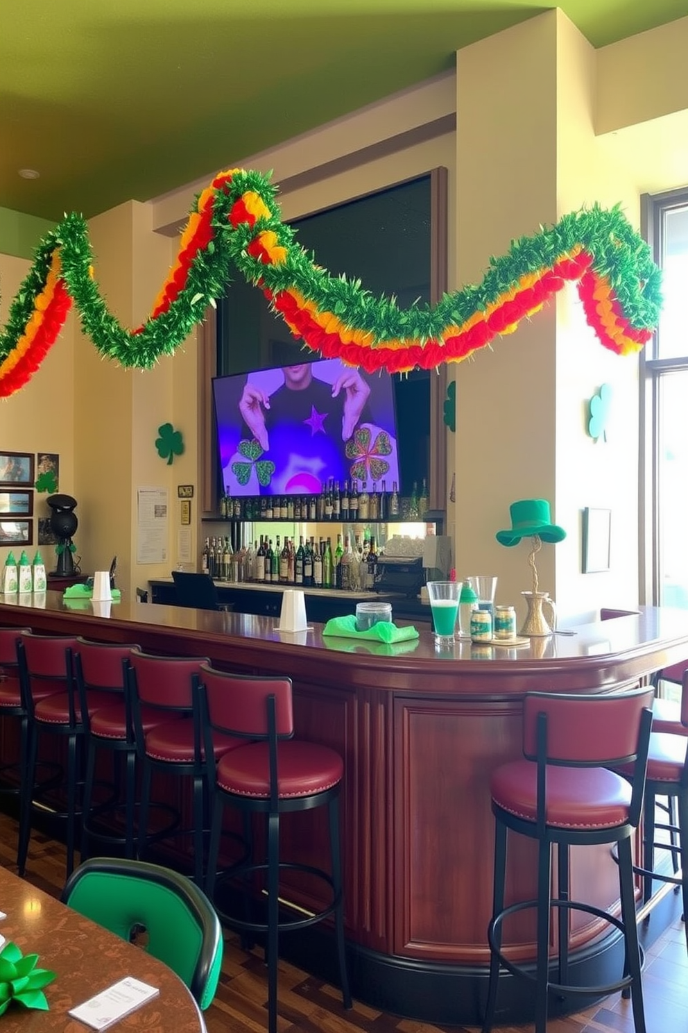 A vibrant rainbow garland is elegantly draped across the bar area creating a festive atmosphere. The bar is adorned with green accents and playful St. Patrick's Day decorations, inviting guests to celebrate in style.