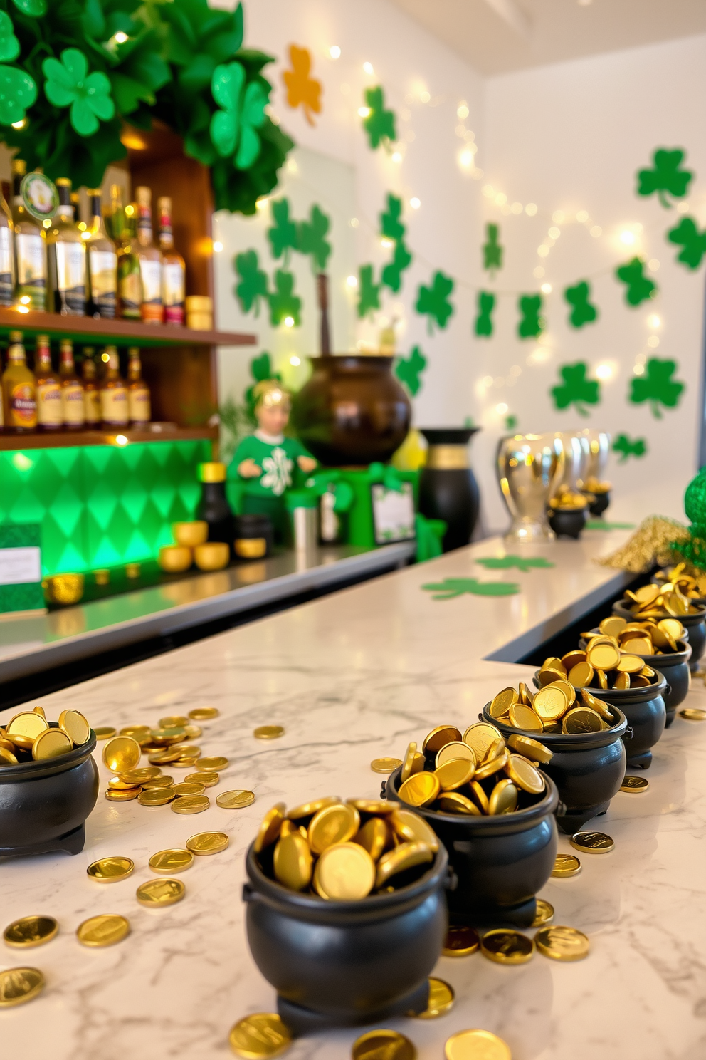 A festive bar area decorated for St. Patrick's Day features pots of gold chocolate coins scattered on the countertop. The backdrop includes green and gold accents with shamrock decorations and twinkling fairy lights to create a cheerful atmosphere.