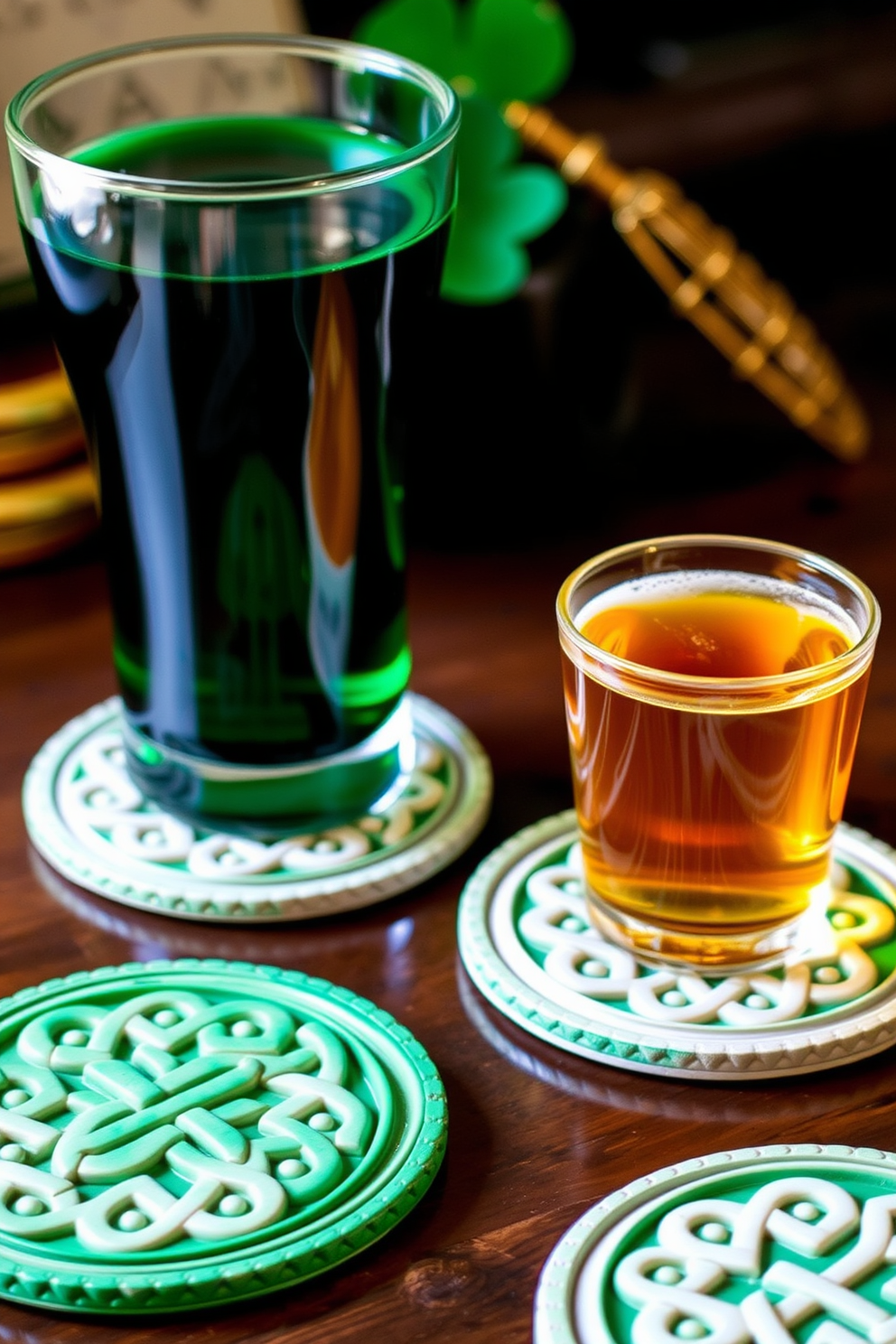 Celtic knot coasters add a touch of tradition to the bar area. The coasters are intricately designed with interwoven patterns that reflect the rich heritage of Celtic art. For St. Patrick's Day decorating ideas, consider using green accents and festive decor. Incorporate shamrock motifs and gold accents to create a cheerful and inviting atmosphere.