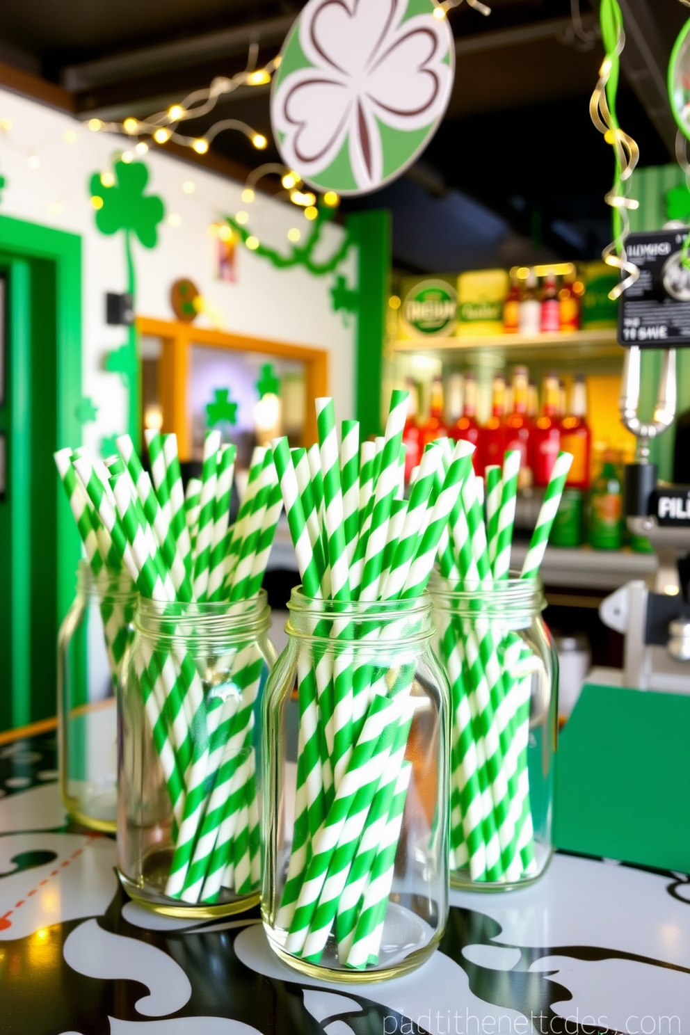 A vibrant bar area decorated for St. Patrick's Day features jars filled with green and white striped straws. The space is adorned with festive green accents, including shamrock decorations and twinkling fairy lights.