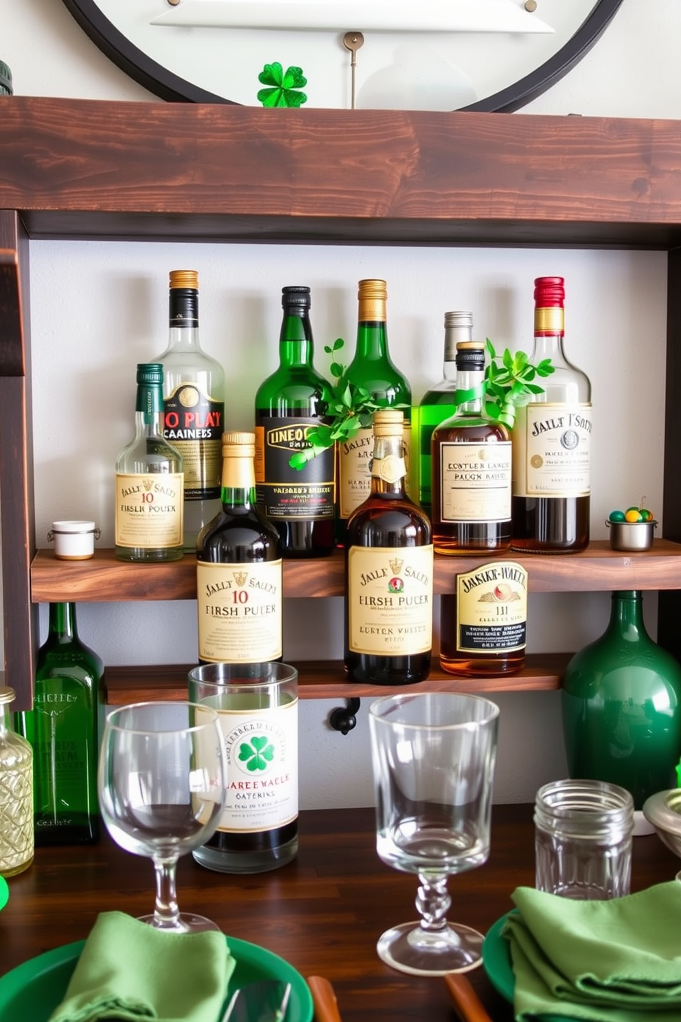 A stylish bar area featuring vintage Irish whiskey bottles as centerpieces. The bottles are arranged on a reclaimed wood shelf, complemented by rustic glassware and green accents for St. Patrick's Day decorating ideas.