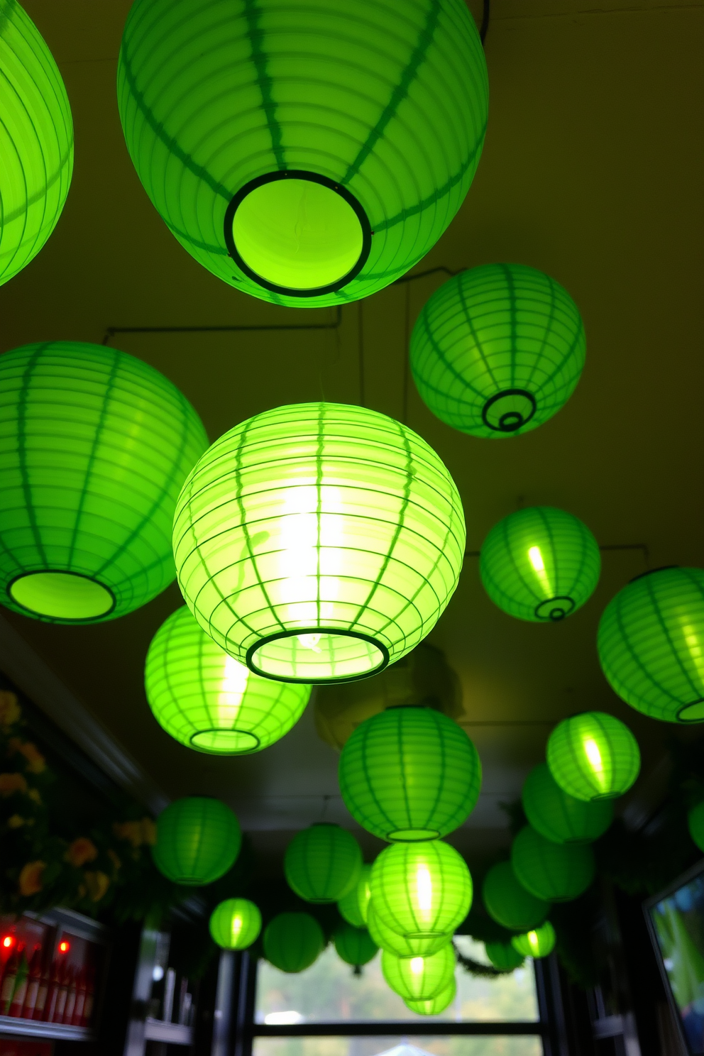 Hanging green paper lanterns create a festive ambiance that enhances the celebratory spirit of St. Patrick's Day. The lanterns are strategically placed above the bar area, casting a warm glow that invites guests to gather and enjoy the festivities.