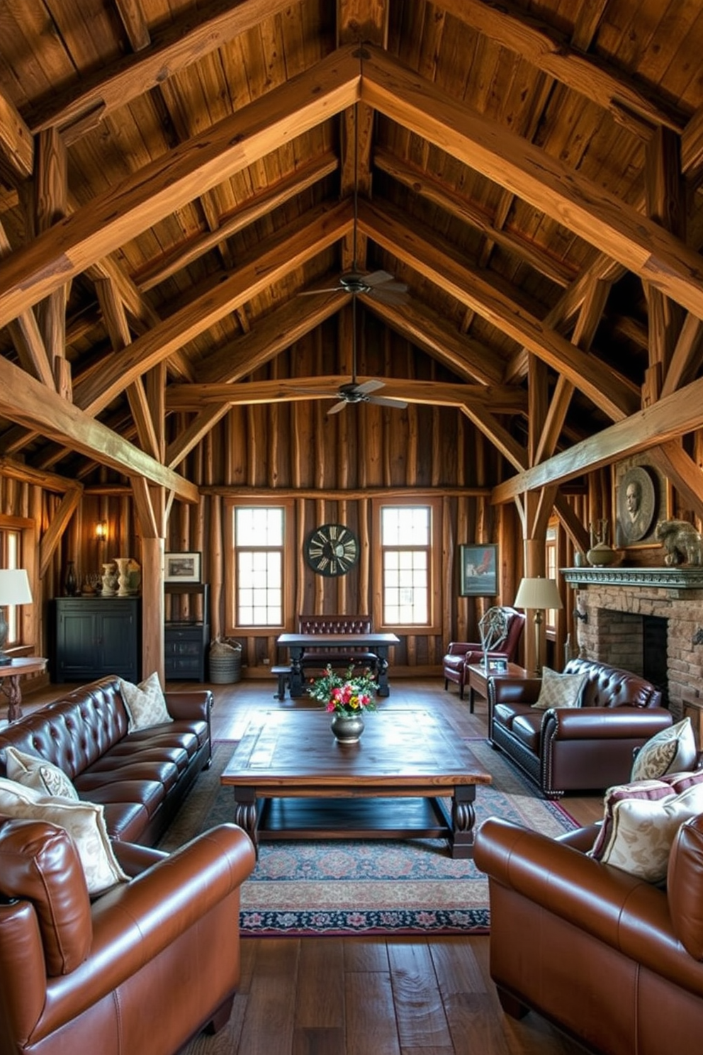 A rustic man cave featuring exposed wood beams and trusses that create a cozy yet stylish atmosphere. The space is adorned with comfortable leather seating, a large wooden coffee table, and vintage decor that reflects a barn aesthetic.