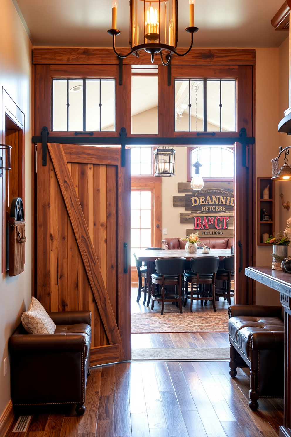 A charming entryway features stunning wooden barn doors that create a rustic yet inviting atmosphere. The doors are adorned with wrought iron hardware, complementing the warm wood tones and enhancing the overall aesthetic. The barn man cave is designed for relaxation and entertainment, showcasing rich leather seating and a custom wooden bar. Vintage decor elements, such as old signage and rustic lighting, add character and create a cozy retreat.