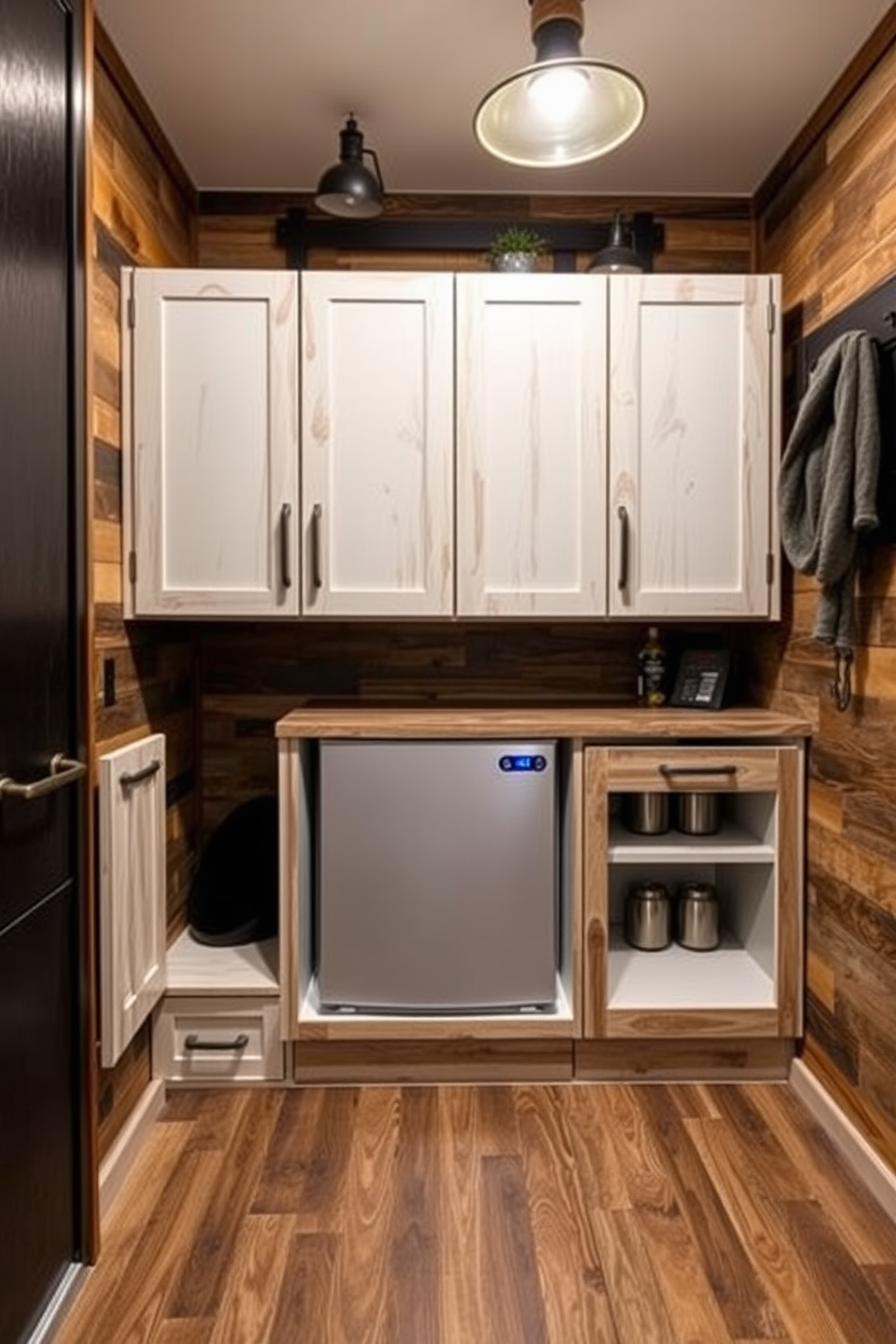 A stylish man cave kitchenette featuring a compact mini fridge seamlessly integrated into rustic cabinetry. The walls are adorned with reclaimed wood panels, and industrial-style lighting fixtures cast a warm glow over the space.