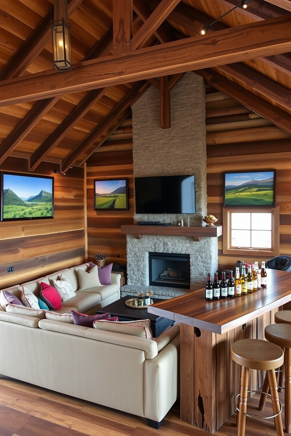 A rustic barn man cave designed for relaxation and entertainment. The space features reclaimed wood walls and a large sectional sofa positioned around a stone fireplace, with a mounted flat-screen TV above. Local landscape artwork adorns the walls, showcasing vibrant scenes of nature. A custom-built bar made from old barn wood sits in one corner, complete with high stools and a selection of local craft beers.