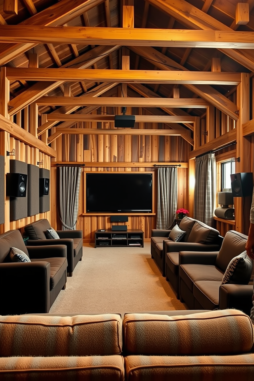 A cozy barn man cave designed for music and movie enjoyment. The space features plush seating arranged around a large screen with surround sound speakers mounted on the walls. Soundproofing elements are integrated throughout, including acoustic panels and thick curtains to enhance the audio experience. Rustic wooden beams and warm lighting create an inviting atmosphere perfect for relaxation and entertainment.