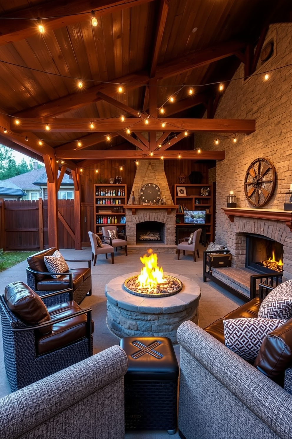 An inviting outdoor patio features a cozy fire pit surrounded by comfortable seating options. The space is adorned with string lights overhead, creating a warm and welcoming atmosphere for gatherings. The barn man cave is designed with rustic charm, showcasing exposed wooden beams and a stone fireplace. Comfortable leather sofas are arranged around a large coffee table, complemented by vintage decor and a bar area stocked with beverages.