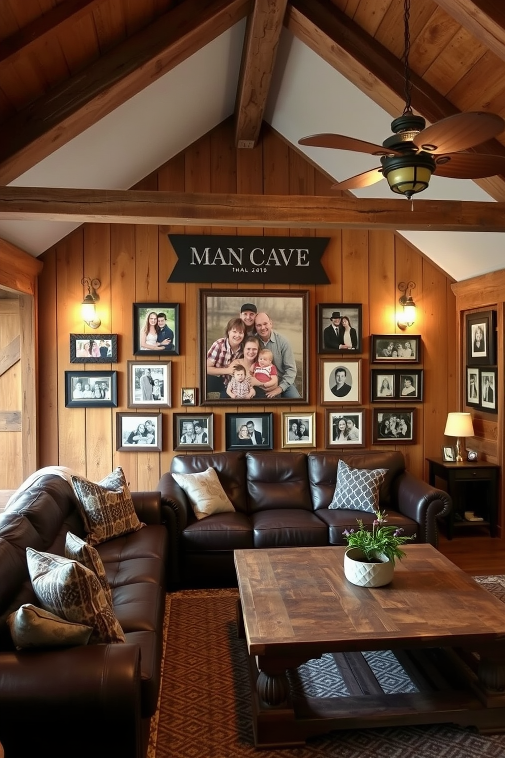 A cozy barn man cave featuring personalized wall art adorned with family photos. The space includes rustic wooden beams, a large leather sofa, and a reclaimed wood coffee table, creating a warm and inviting atmosphere. The walls are decorated with a gallery of framed family pictures, capturing cherished memories. Soft lighting from vintage-style fixtures adds to the relaxed vibe, making it the perfect retreat for gatherings and leisure.