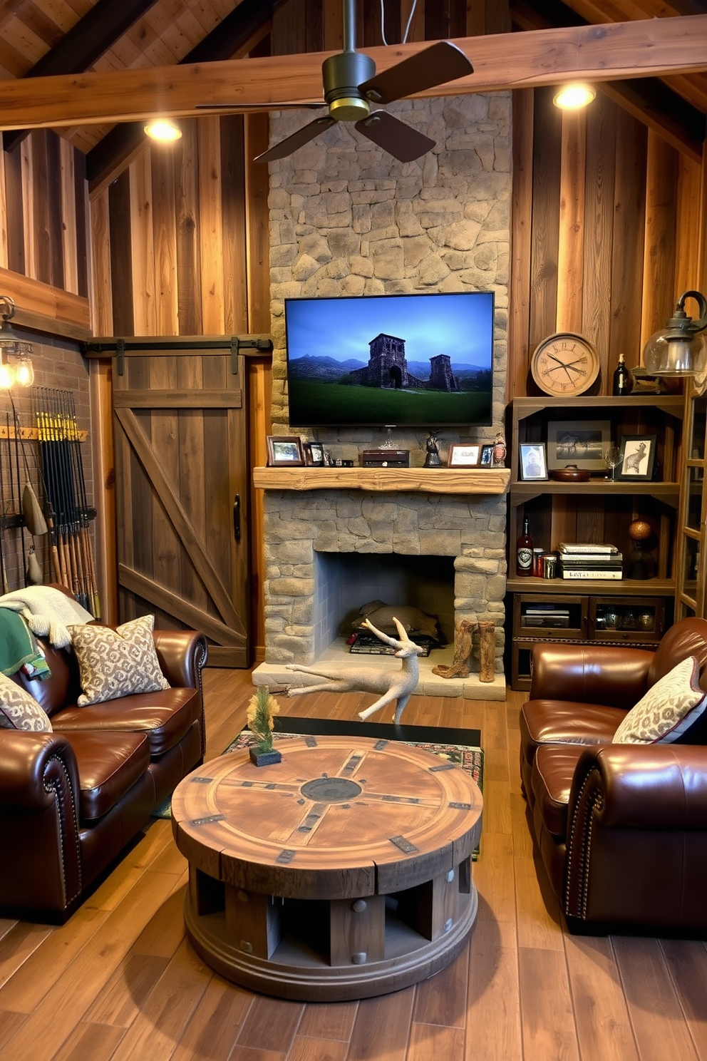 A rustic barn man cave featuring reclaimed wood walls and vintage barn doors. A cozy seating area includes a leather sofa and a coffee table made from an old tractor wheel, surrounded by memorabilia from fishing and hunting. The space is accented with warm lighting from industrial-style fixtures and a large flat-screen TV mounted above a stone fireplace. Shelves display fishing rods, hunting gear, and photographs of outdoor adventures, creating a personalized retreat for relaxation and entertainment.